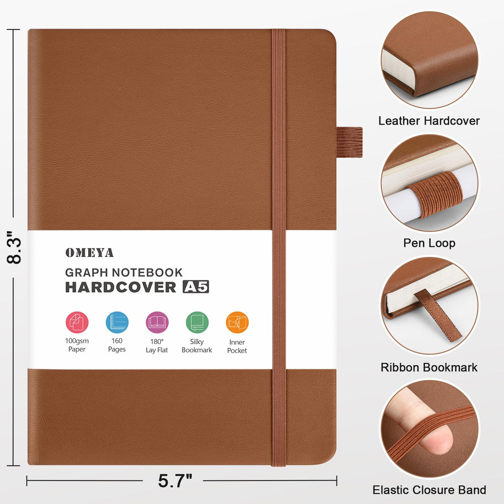 Graph Paper Notebook 4 Pack, 160 Pages, A5 Medium Size (5.7" x 8.3"), 100gsm Thick Grid Paper, Hardcover Leather Grid Notebook Journal for Writing, Graph Notebook for Work, School, Math, Engineering