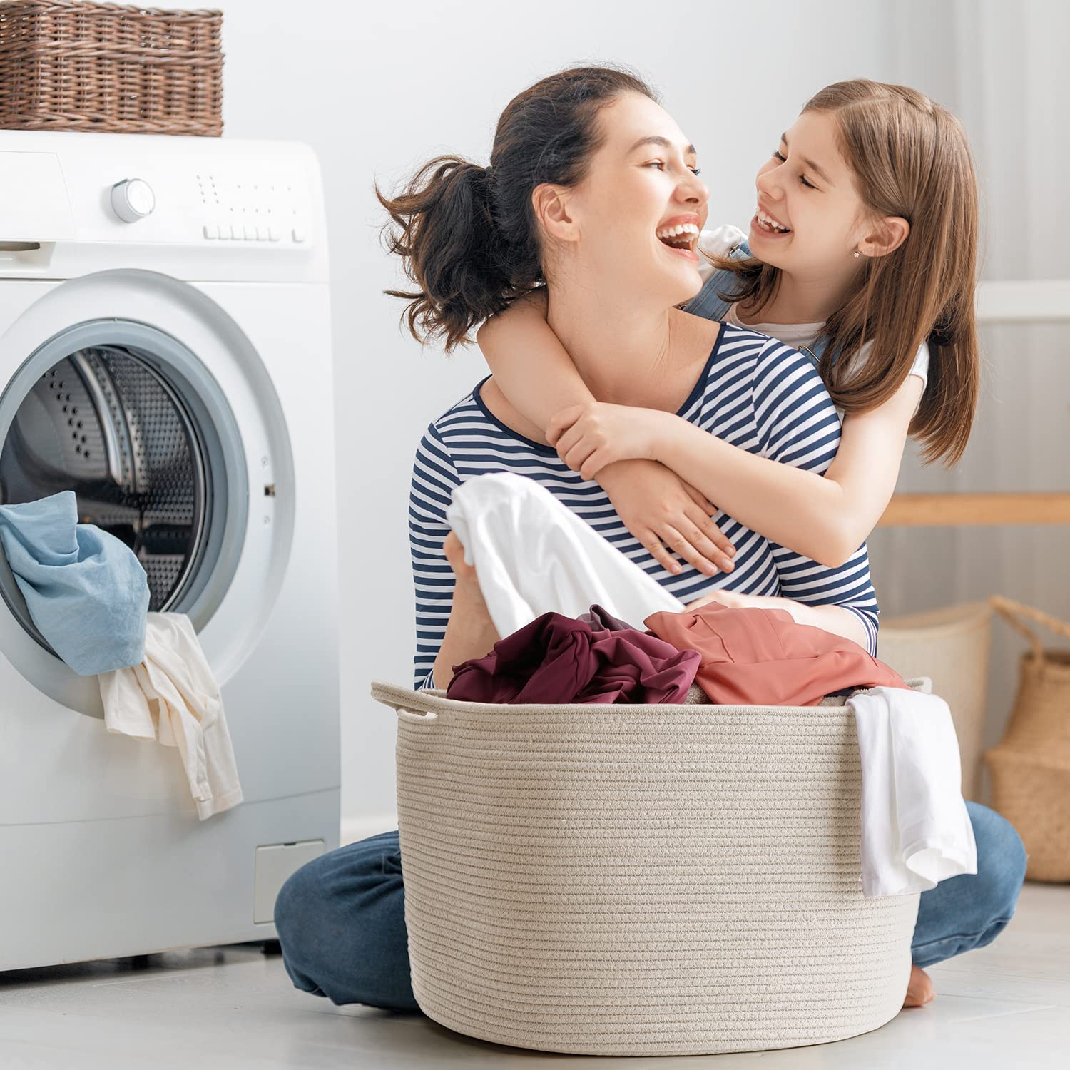 Large Storage Basket Rope Basket, Maliton Extra Large Cotton Rope Bin 22" x 22" x 14" XXXLarge Basket Woven Storage Basket Toy Bin with Handle Comforter Cushions Storage Bins Thread Laundry Hamper