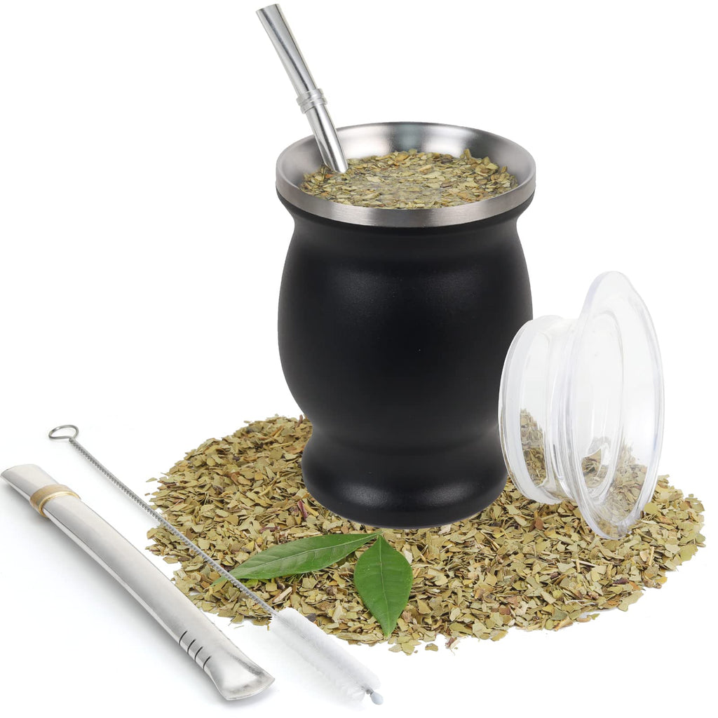 ROCKY&CHAO 9 Oz Yerba Mate Cup, Tea Cup Set Include Stainless Steel Modern 2 Bombilla Straws, Cleaning Brush and BPA Free Lid, Double-Walled Hot & Cold Drink, for Tea, Coffe(Gourd-Black)