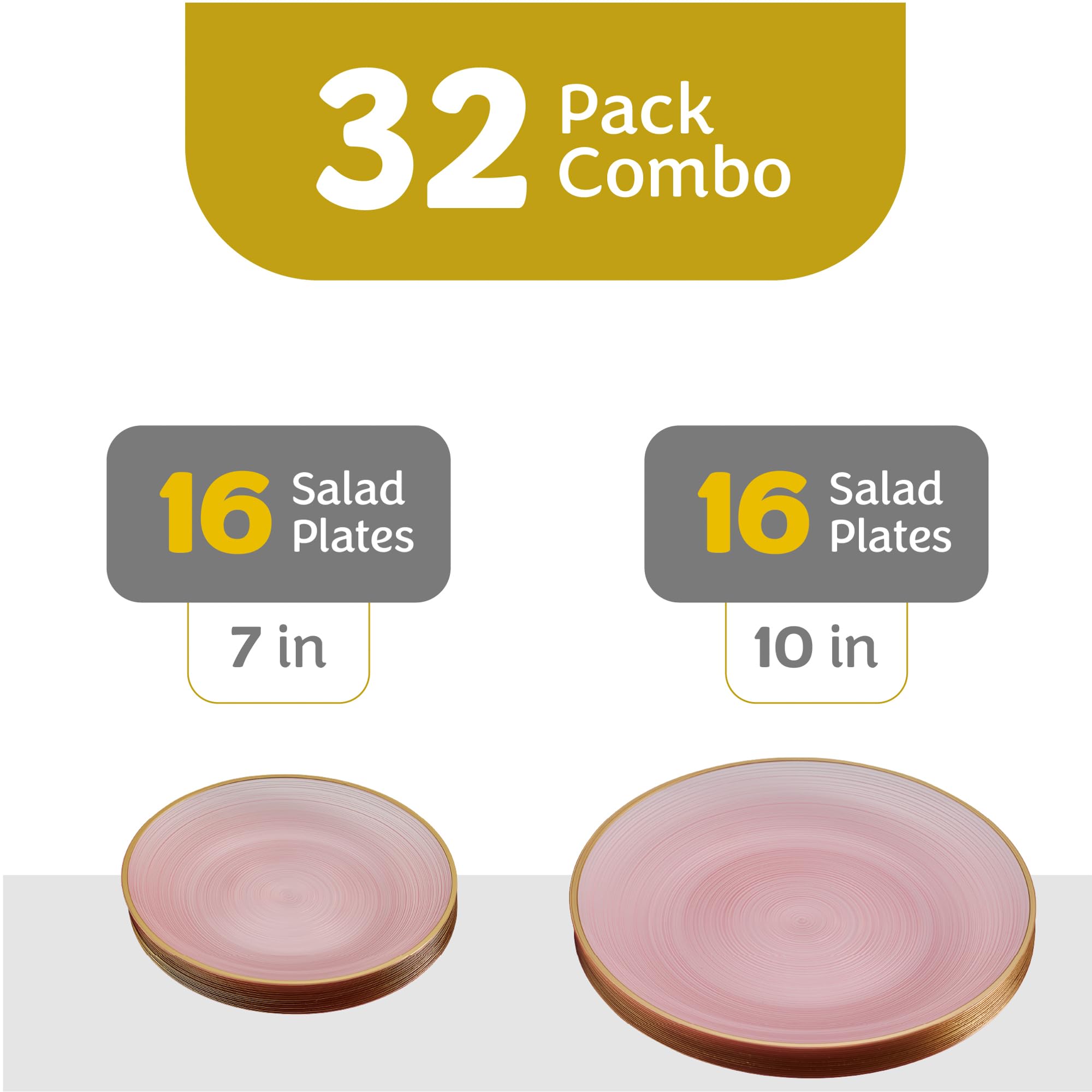 PLASTICPRO 32 Pieces Crystal Design Plastic Plates Combo Pack 7 inch and 10 inch Gold Rim Elegant Disposable Plates, Transparent Pink