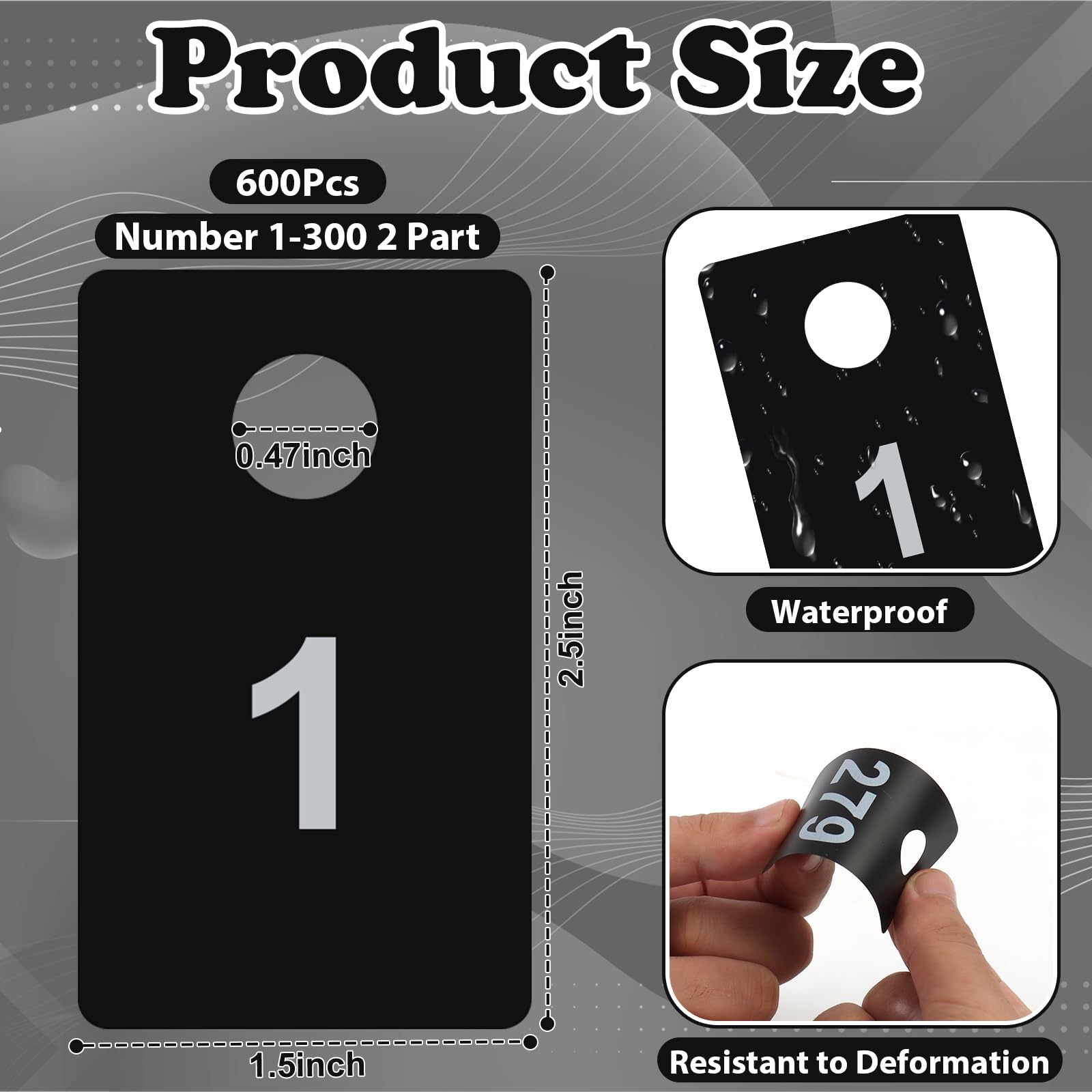 600Pcs Coat Check Tags 2 Part Plastic Check Tickets 1.5x2.5inch Number Tags 1 to 300 with Hole Reusable Coat Room Cards Claim Ticket for Closet Organization Live Sale Draws Cloakroom Storage Black