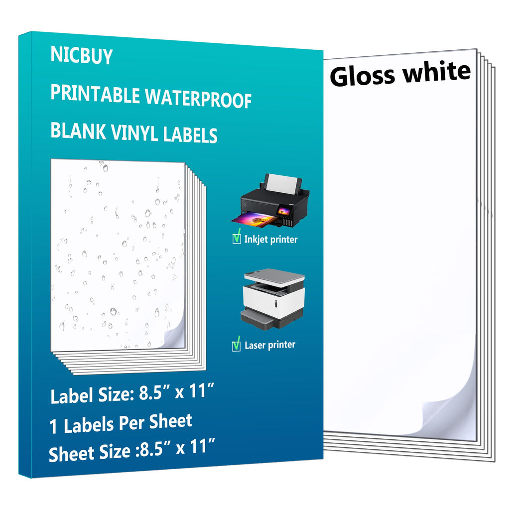 Nicbuy Full Sheets Printable Glossy White Shipping Labels - 20 Labels (8.5" x 11") - Waterproof Vinyl Stickers for Inkjet or Laser Printer