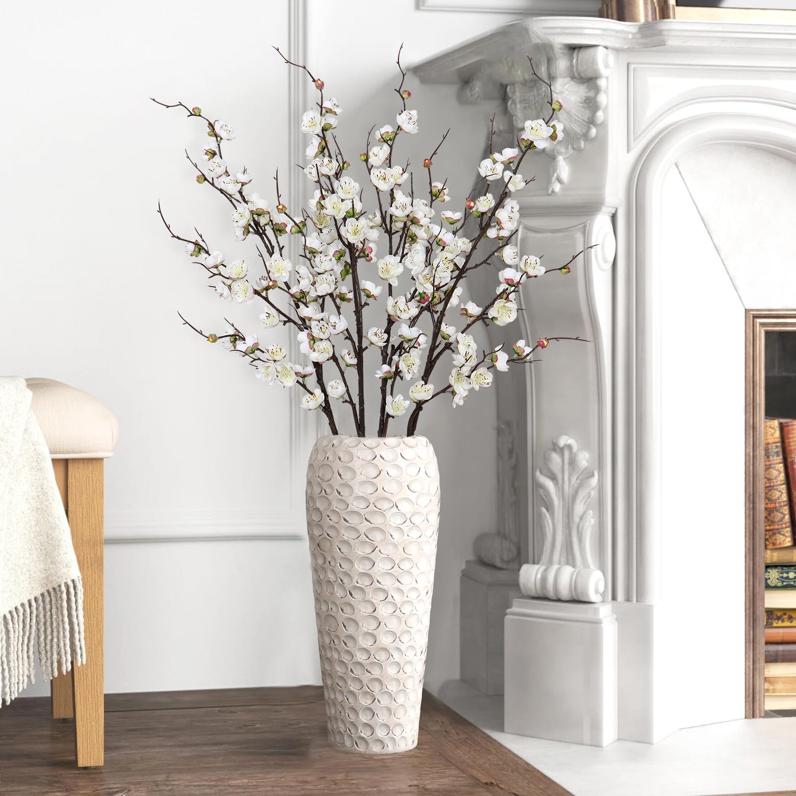 Betylifoy Artificial Plum Blossom Flowers 4Pcs Faux Silk Cherry Blossom 38" Long Stems Fake Plum Blossom Branches Artificial Silk Flower for Flowers Arrangement Wedding Home Table Decor (White, 4PCS)