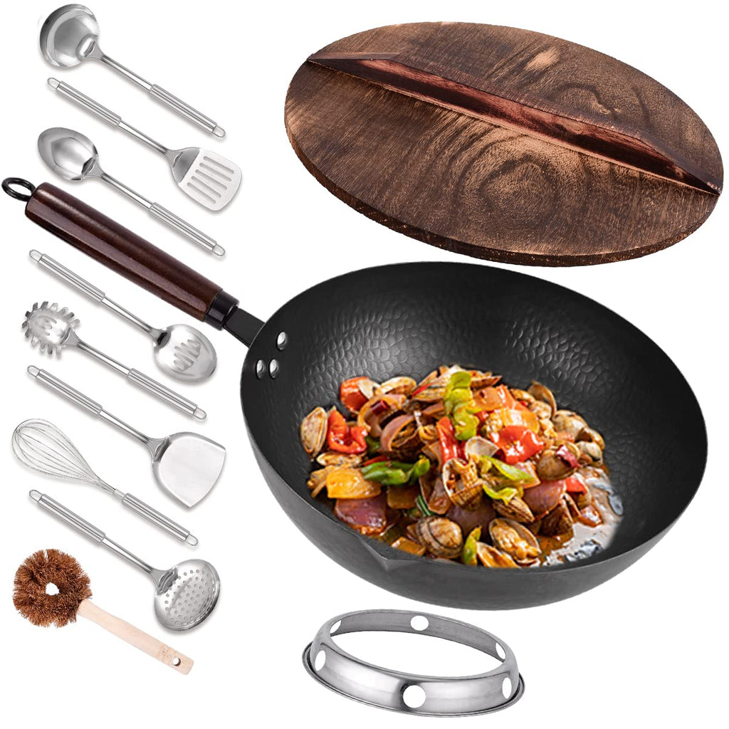 Leidawn 12.8" Carbon Steel Wok - 11Pcs Woks & Stir Fry Pans Wok Pan with Lid, No Chemical Coated Chinese Wok with 10 Cookware Accessories, Flat Bottom Woks for Electric, Induction and Gas Stoves