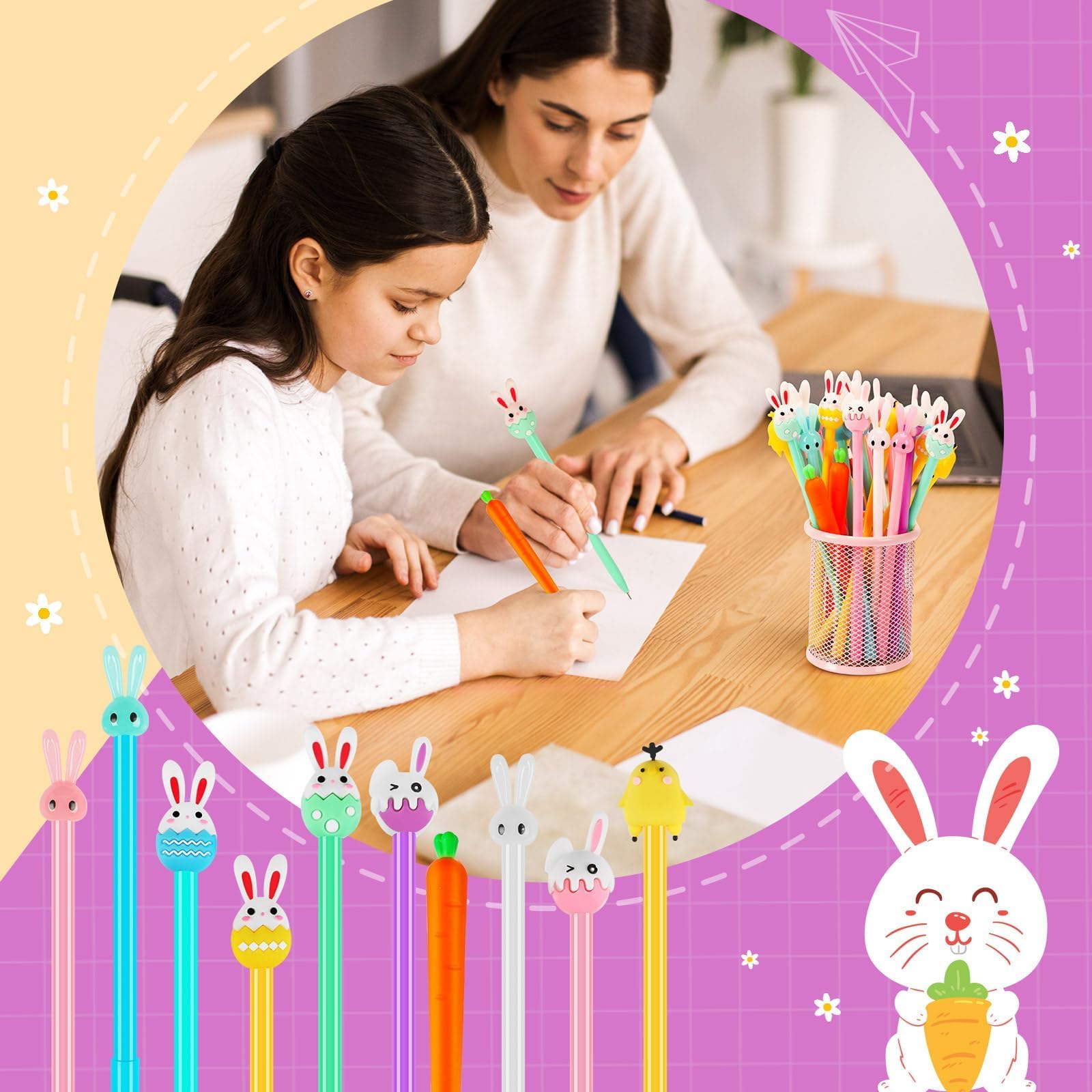 50 Pcs Easter Pens Cartoon Bunny Rabbit Carrot Pen,Gel Ink RollerBall Pens Bulk Cute Funny Novelty Writing Pen for Gift School Office Home Supplies
