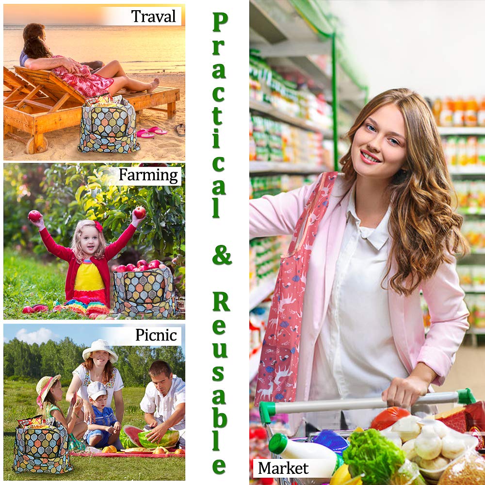 10 Pack Reusable Grocery Shopping Bags, SZUAH Foldable Shopping Bags Grocery Tote with Attached Pouch,Machine Washable Eco-Friendly