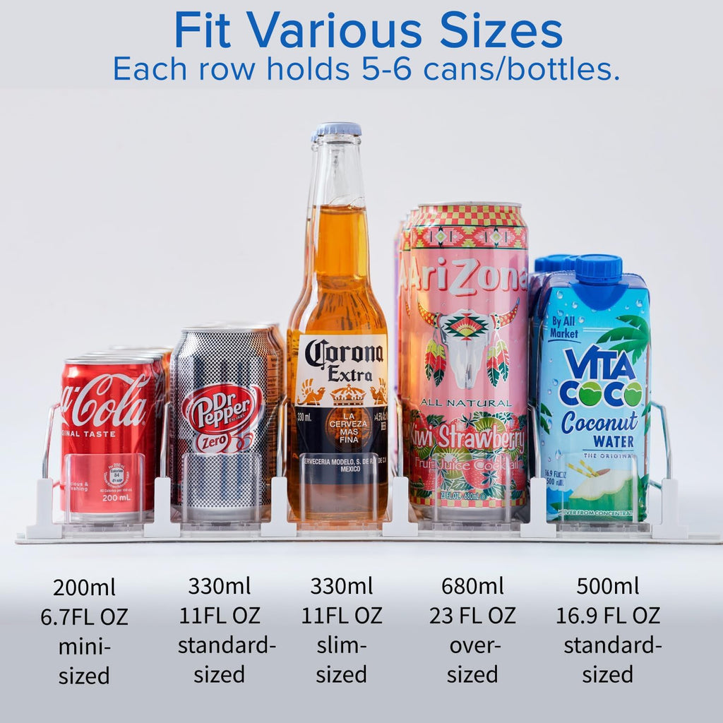 Drink Organizer for Fridge Self-Pushing Can Organizer Width Adjustable, Fits 12oz 16oz 20oz Drinks, Holds up to 15 Cans (3 Rows White)