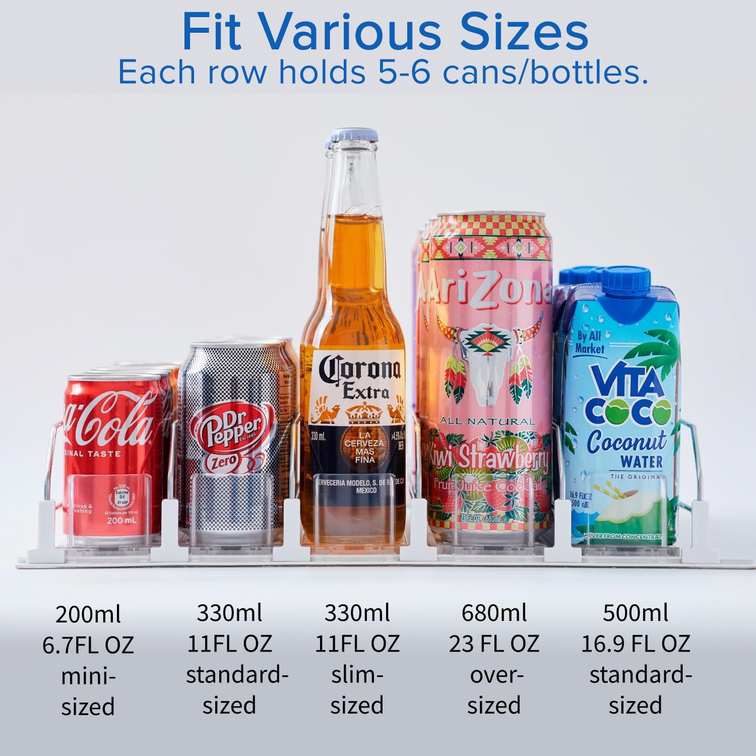 Drink Organizer for Fridge Self-Pushing Can Organizer Width Adjustable, Fits 12oz 16oz 20oz Drinks, Holds up to 15 Cans (3 Rows White)