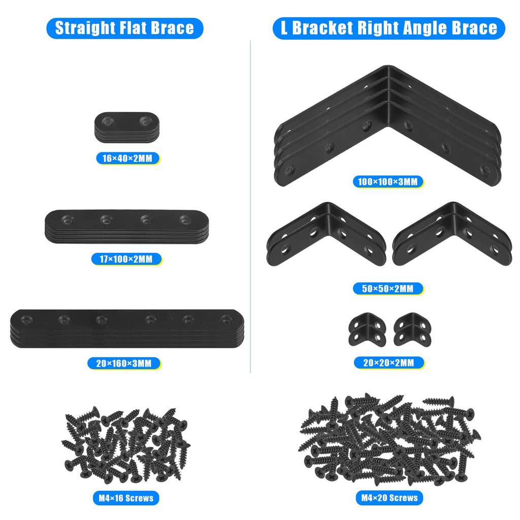 Glarks 134Pcs Black Corner Brace Set, 24Pcs L Shape Bracket and Flat Bracket Metal Joint Plate Fastener with 110Pcs Screws for Wood Wood Chair Bookshelf Board Window Furniture Cabinet