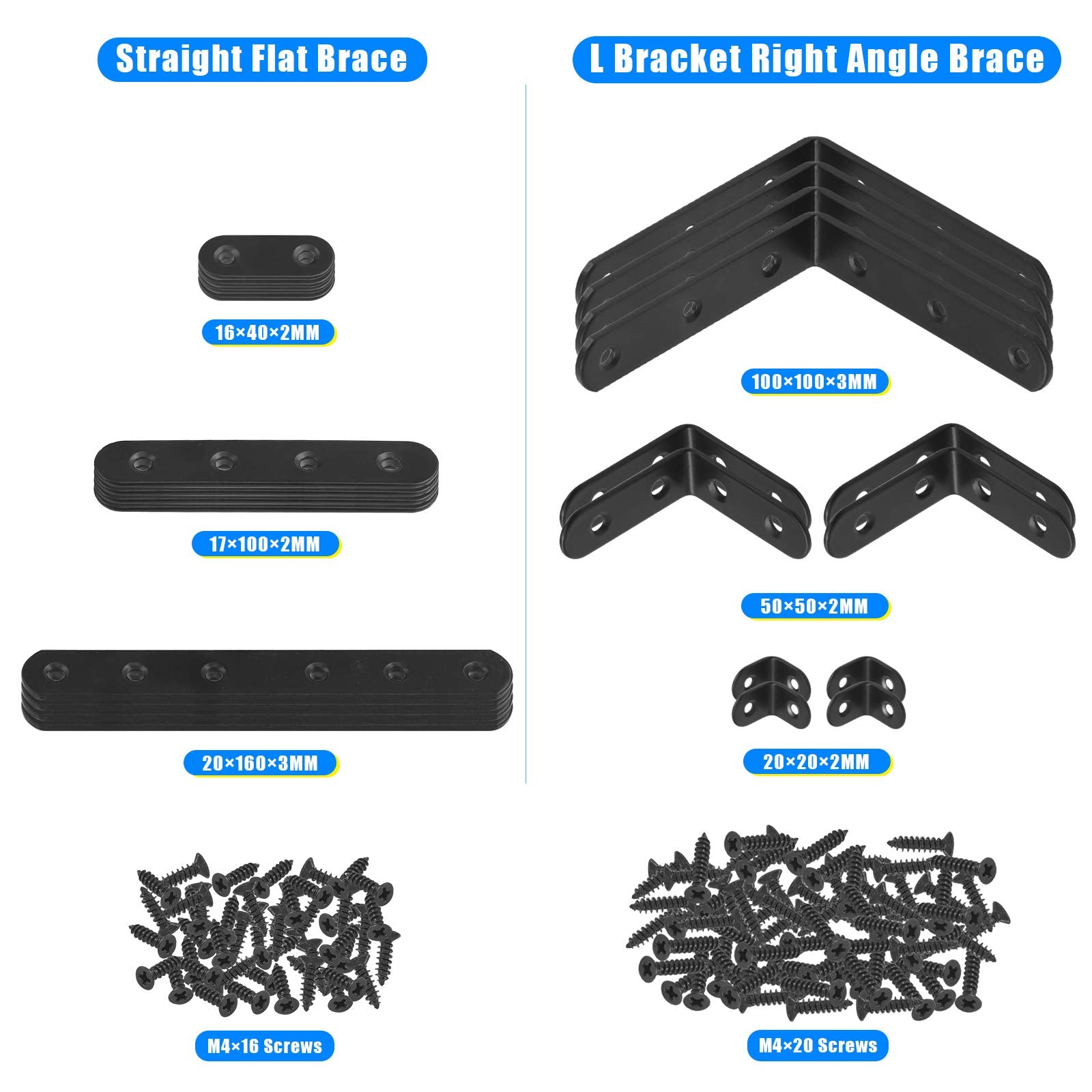 Glarks 134Pcs Black Corner Brace Set, 24Pcs L Shape Bracket and Flat Bracket Metal Joint Plate Fastener with 110Pcs Screws for Wood Wood Chair Bookshelf Board Window Furniture Cabinet