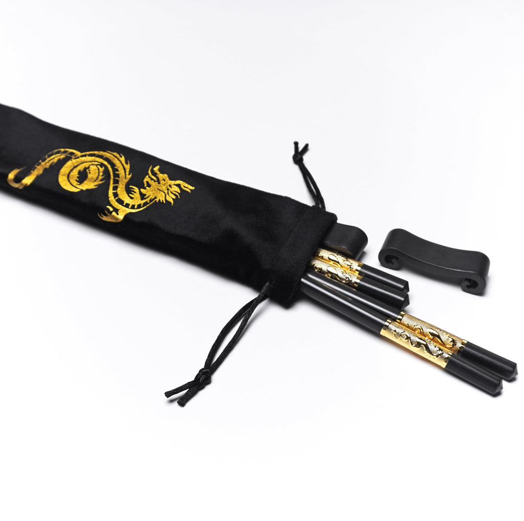 Youda Golden Dragon Chopsticks Set-Premium Alloy Metal Reusable Chopsticks with Holder & Gift Bag, Traditional Chinese Design, Dishwasher Safe, Elegant Gift Box (2 Pairs)
