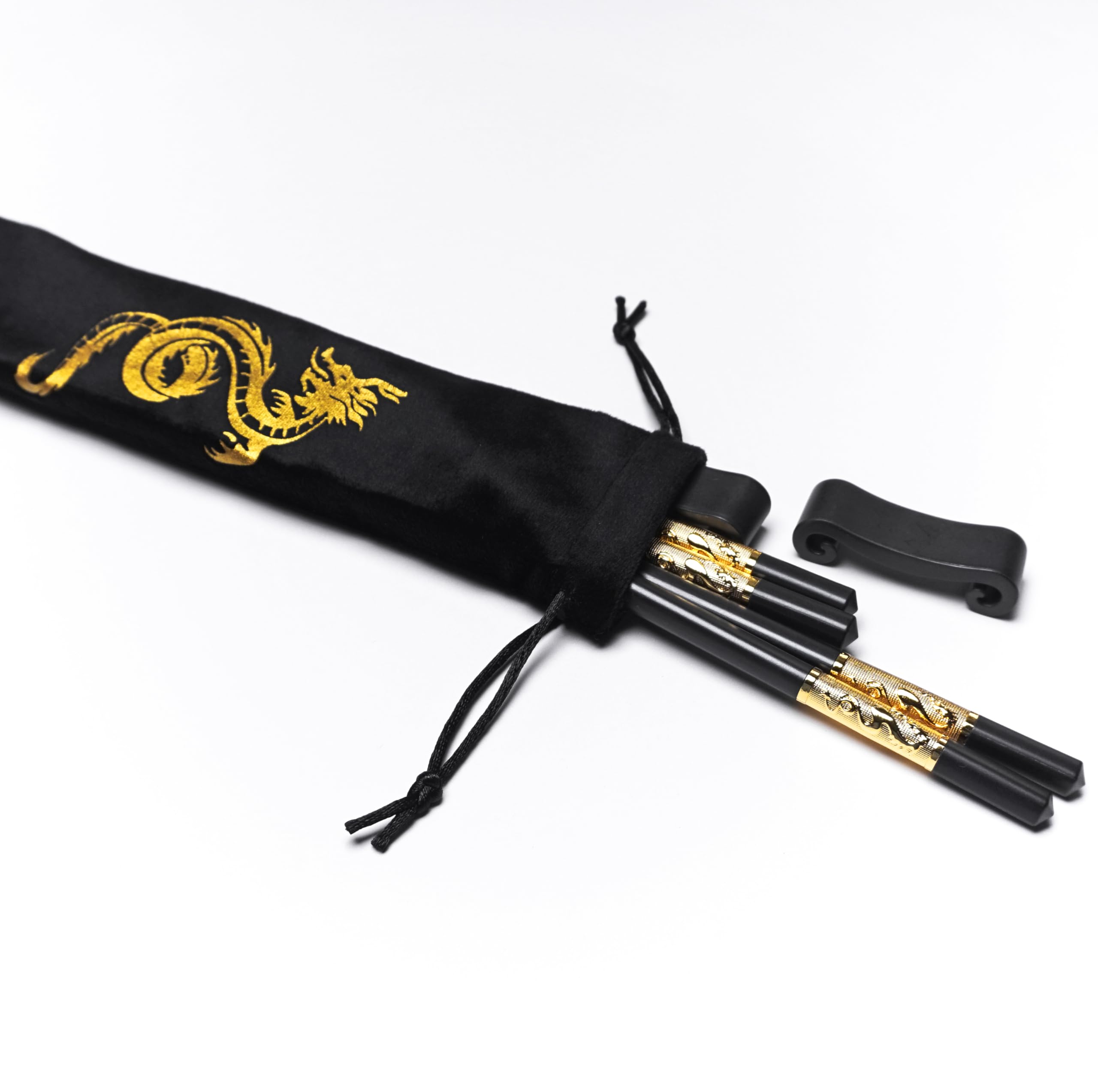 Youda Golden Dragon Chopsticks Set-Premium Alloy Metal Reusable Chopsticks with Holder & Gift Bag, Traditional Chinese Design, Dishwasher Safe, Elegant Gift Box (2 Pairs)
