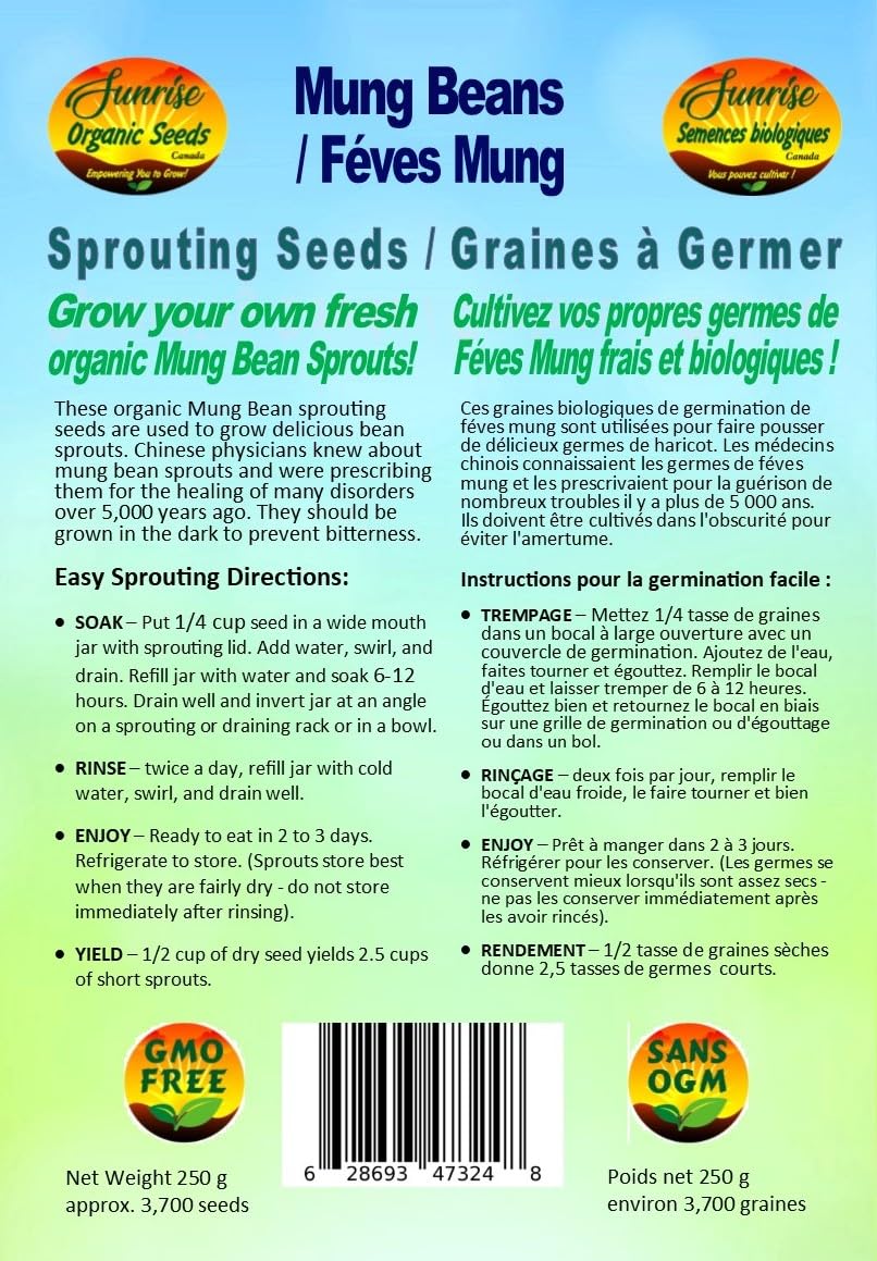 Mung Beans Sprouting Seeds | Féves Mung Graines à Germer | Organic & Non-GMO | Net Wt. 250 Grams (Approx. 3,700 Seeds) | High Germination Rate | Packaged in Canada