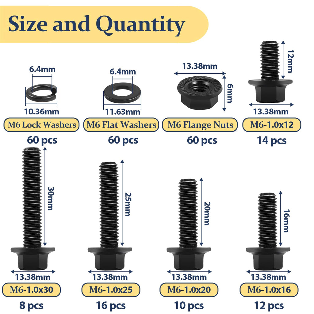 Vifmy M6-1.0 x 12/16/20/25/30mm Flange Hex Head Bolts Assortment Kit (240 Pack) with Serrated Flange Nuts,Washers & Lock Spring Washers,Hex Head Screw,Alloy Steel Black Oxide Finish Plated Full Thread