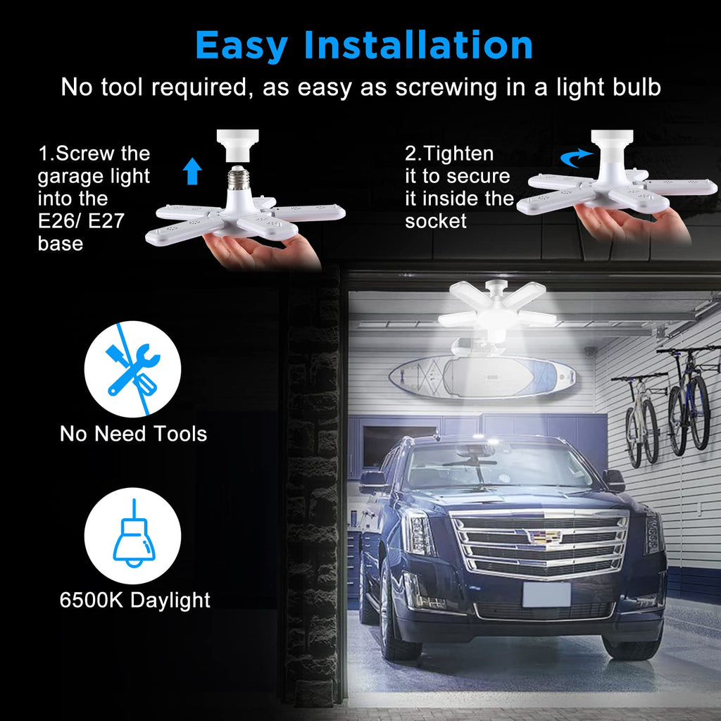 Kofarrten LED Garage Lights, Super Bright 8000 LM Garage Light Bulbs, 6500K Garage Ceiling Lights with Deformable Panels for E26/E27 Base, 80W LED Shop Lights for Garage, Workshop, Warehouse (2 Packs)