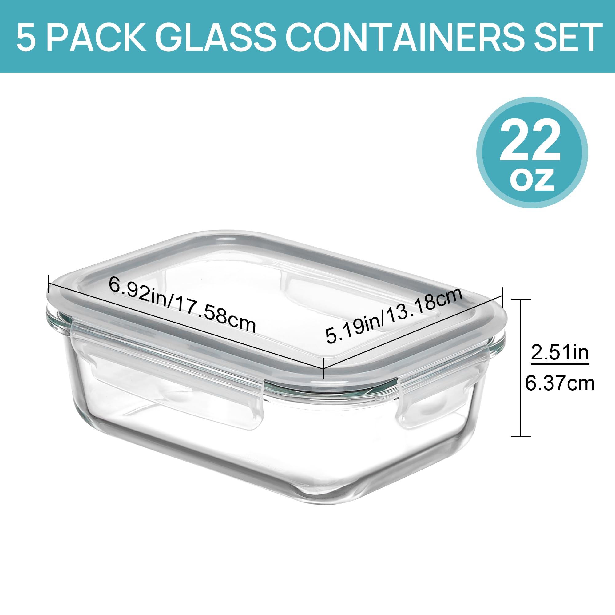 Vtopmart 5 Pack 22oz Glass Food Storage Containers with Lids, Meal Prep Containers, Airtight Lunch Bento Boxes with Snap Locking Lids for Microwave, Oven, Freezer and Dishwasher