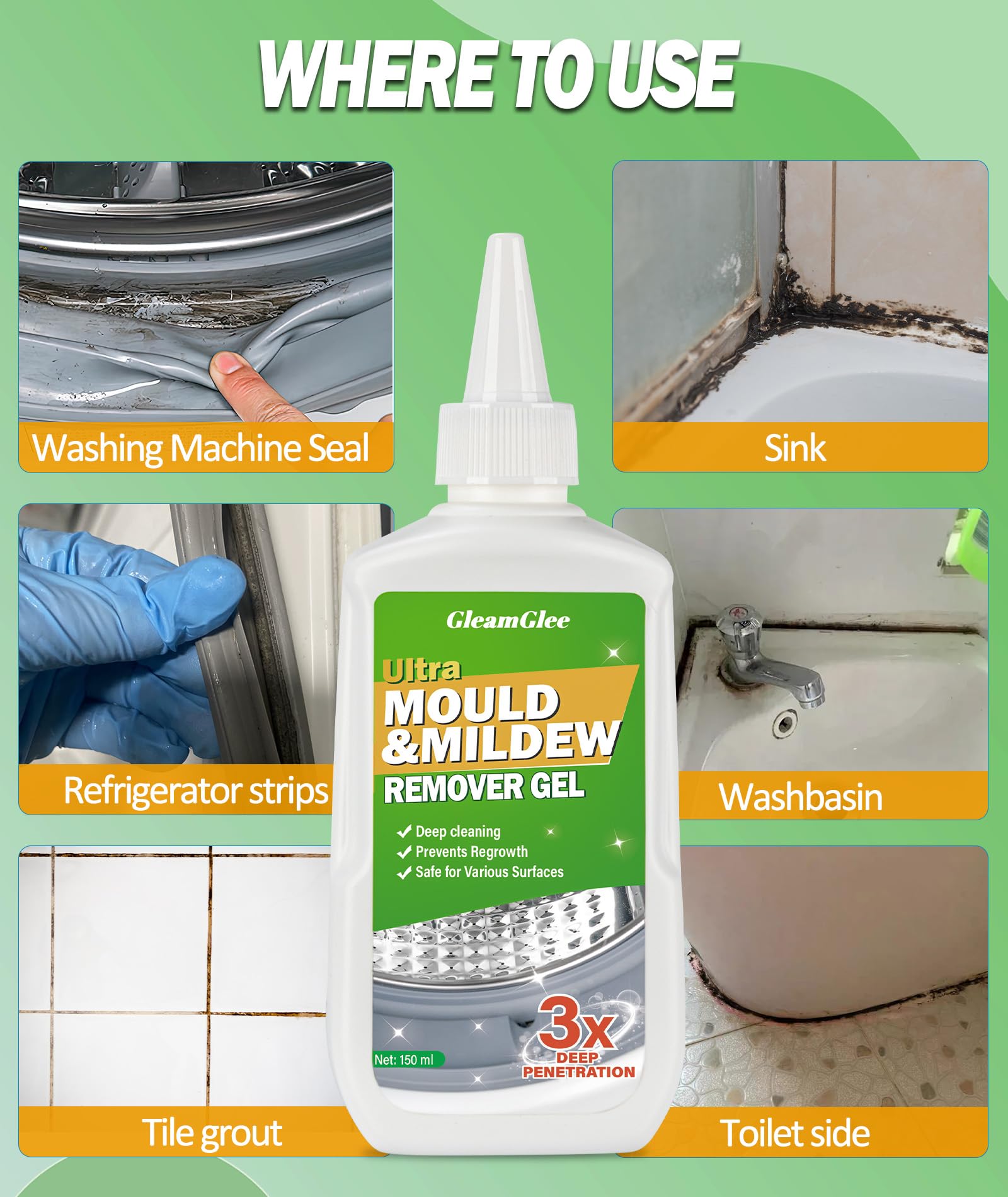 Mould Remover Gel, Powerful Mould Mildew Remover for Washing Machine, Top Load, Front Load, Tub Seal, Grout, Bathroom, Shower, Tiles, Refrigerator Strips, Kitchen Cleaner - (2Pack)