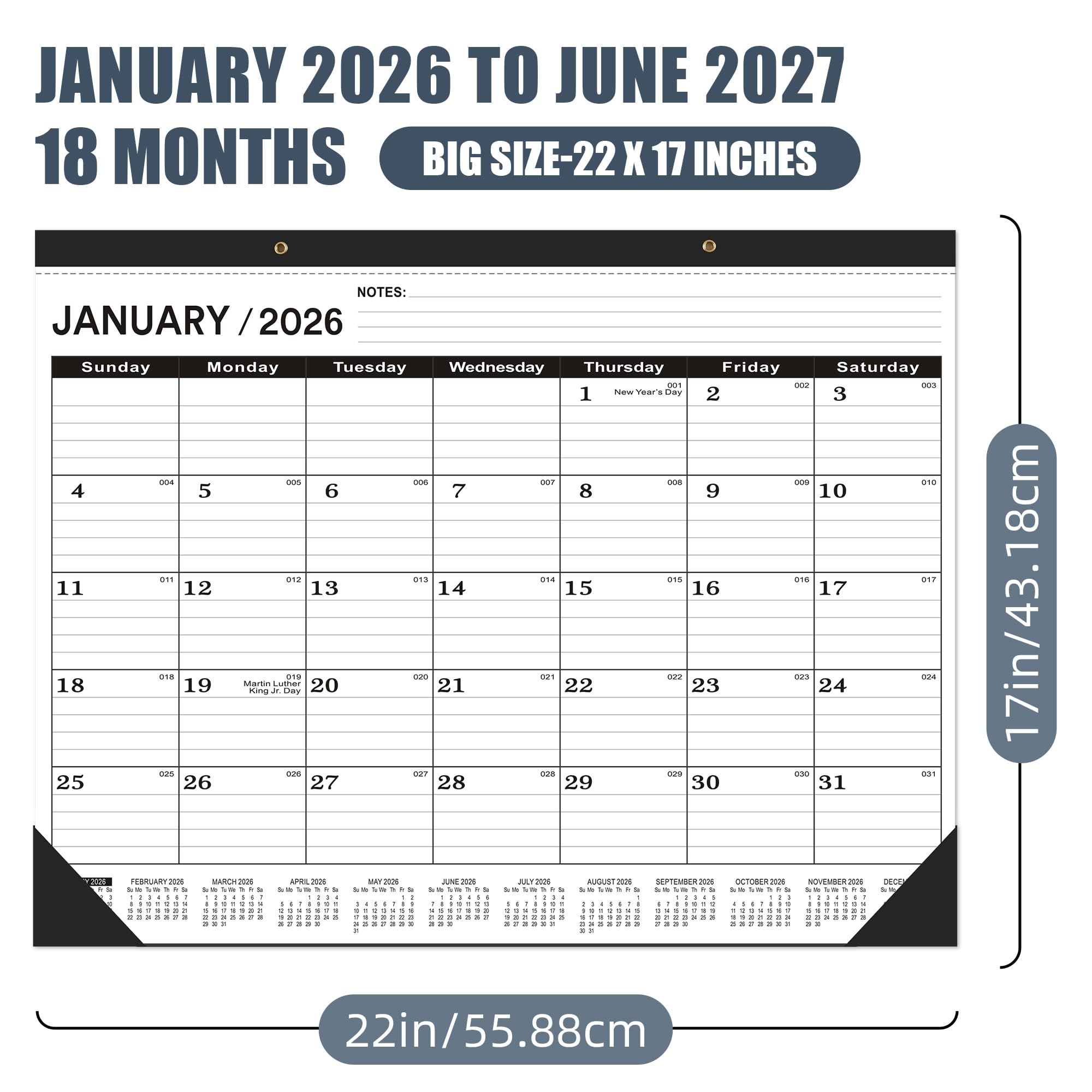 Desk Calendar 2026 (January 2026 to June 2027),Desk Calendar 2026 large 22 x17,Desk Calendar 2026-2027 large 22 x17,2026 Desk Calendar Canada Classic Black