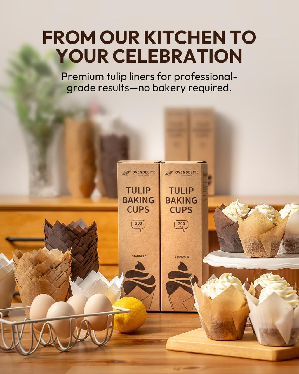 OvenDelite Tulip Cupcake Liners Natural 200PCS - Unbleached Parchment Muffin Liners, Non-Fade Oven-Safe, Brunch & Cafe Style Baking Cups