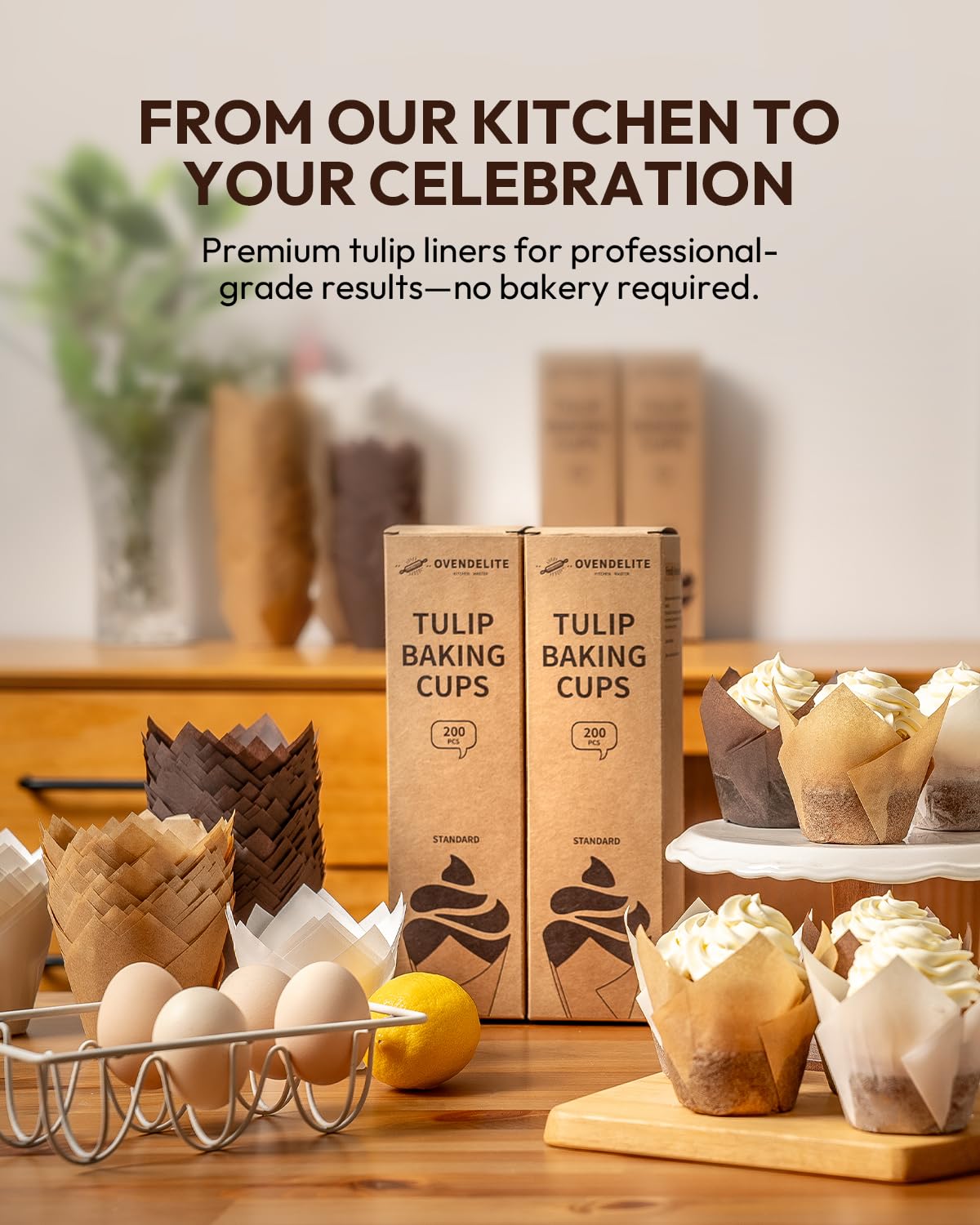 OvenDelite Tulip Cupcake Liners Natural 200PCS - Unbleached Parchment Muffin Liners, Non-Fade Oven-Safe, Brunch & Cafe Style Baking Cups