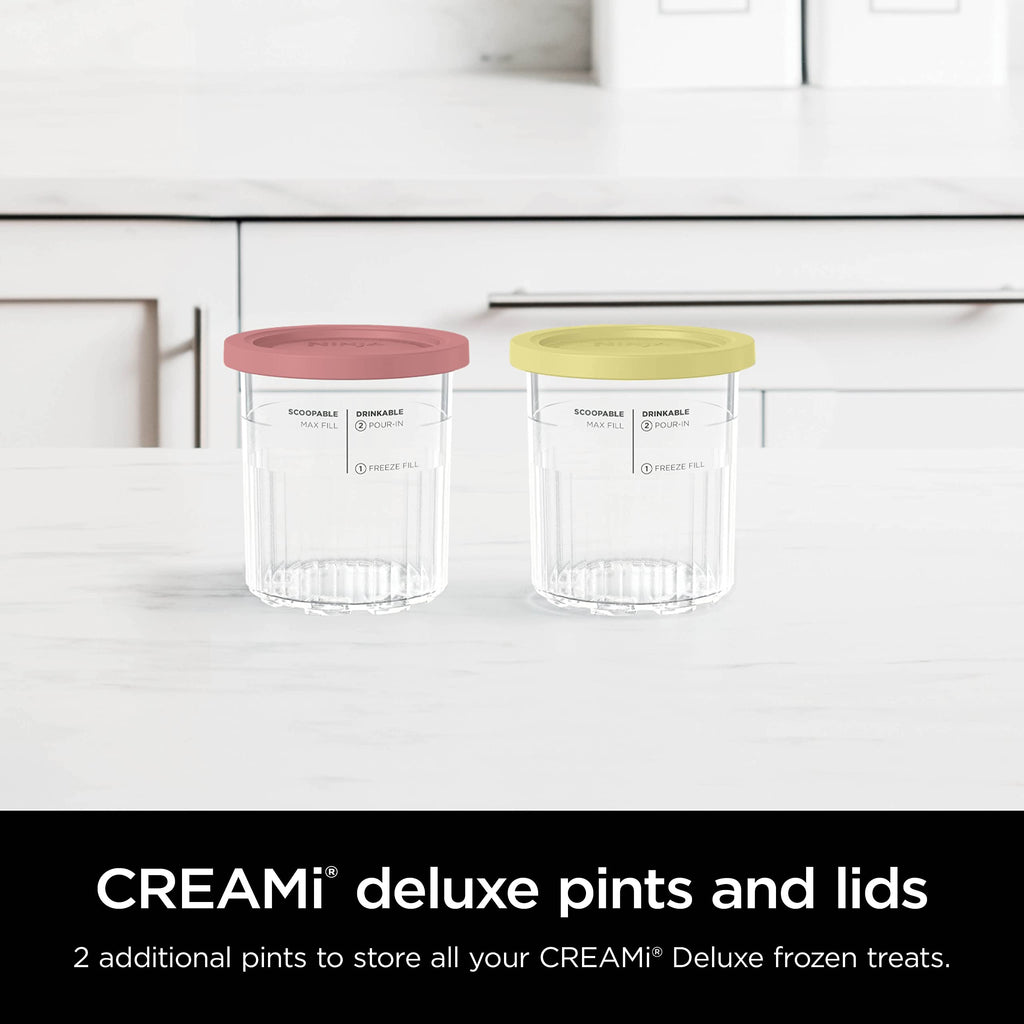 Ninja Creami Pints 2 Pack, Compatible with NC500 Series Creami Ice Cream Makers, BPA-Free & Dishwasher Safe, Color Lids, 1 Pint Each, Clear/Coral/Yellow, XSKPNTLD2
