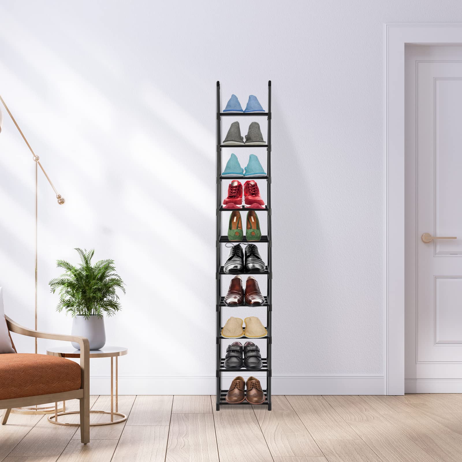 Pitmoly 10-Tier Shoe Rack, Shoe Storage Organizer, Small Narrow Shoe Shelf for Closet, Entryway, Metal Tall Shoe Stand for 10 Pairs of Shoes (Black)