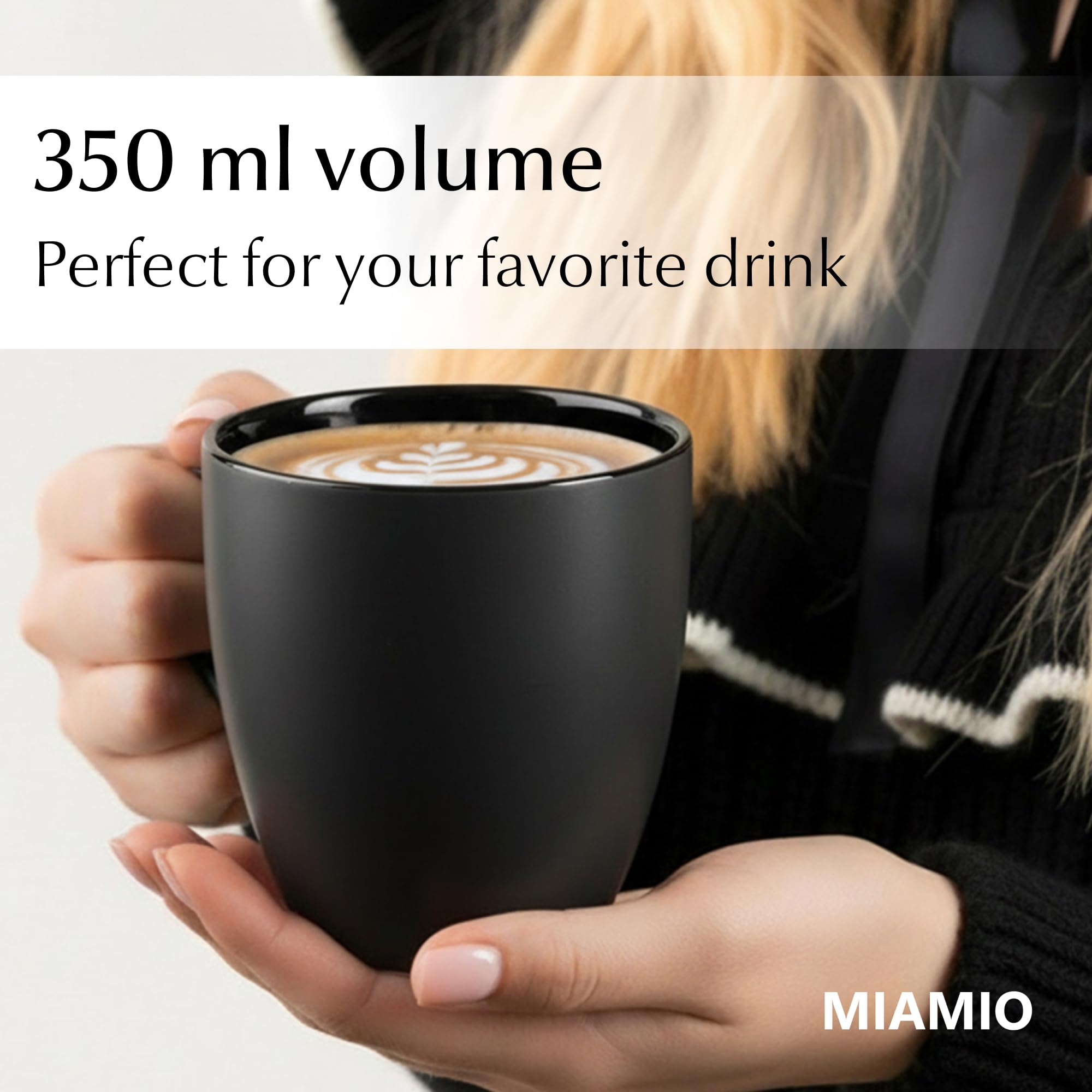 MIAMIO - 6 x 350 ml Stoneware Coffee Mug/Cup Set - Le Papillon Collection (Black)