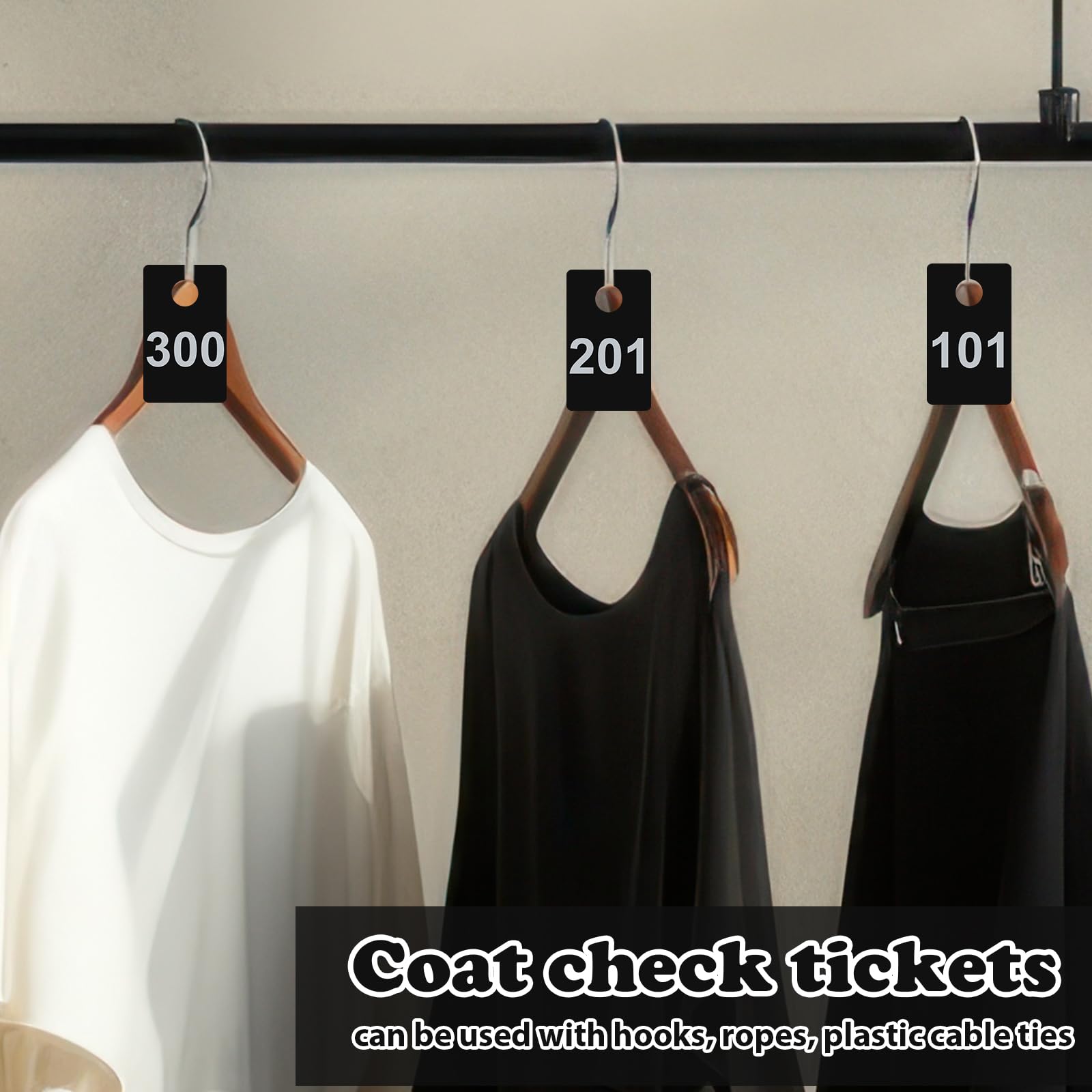 600Pcs Coat Check Tags 2 Part Plastic Check Tickets 1.5x2.5inch Number Tags 1 to 300 with Hole Reusable Coat Room Cards Claim Ticket for Closet Organization Live Sale Draws Cloakroom Storage Black