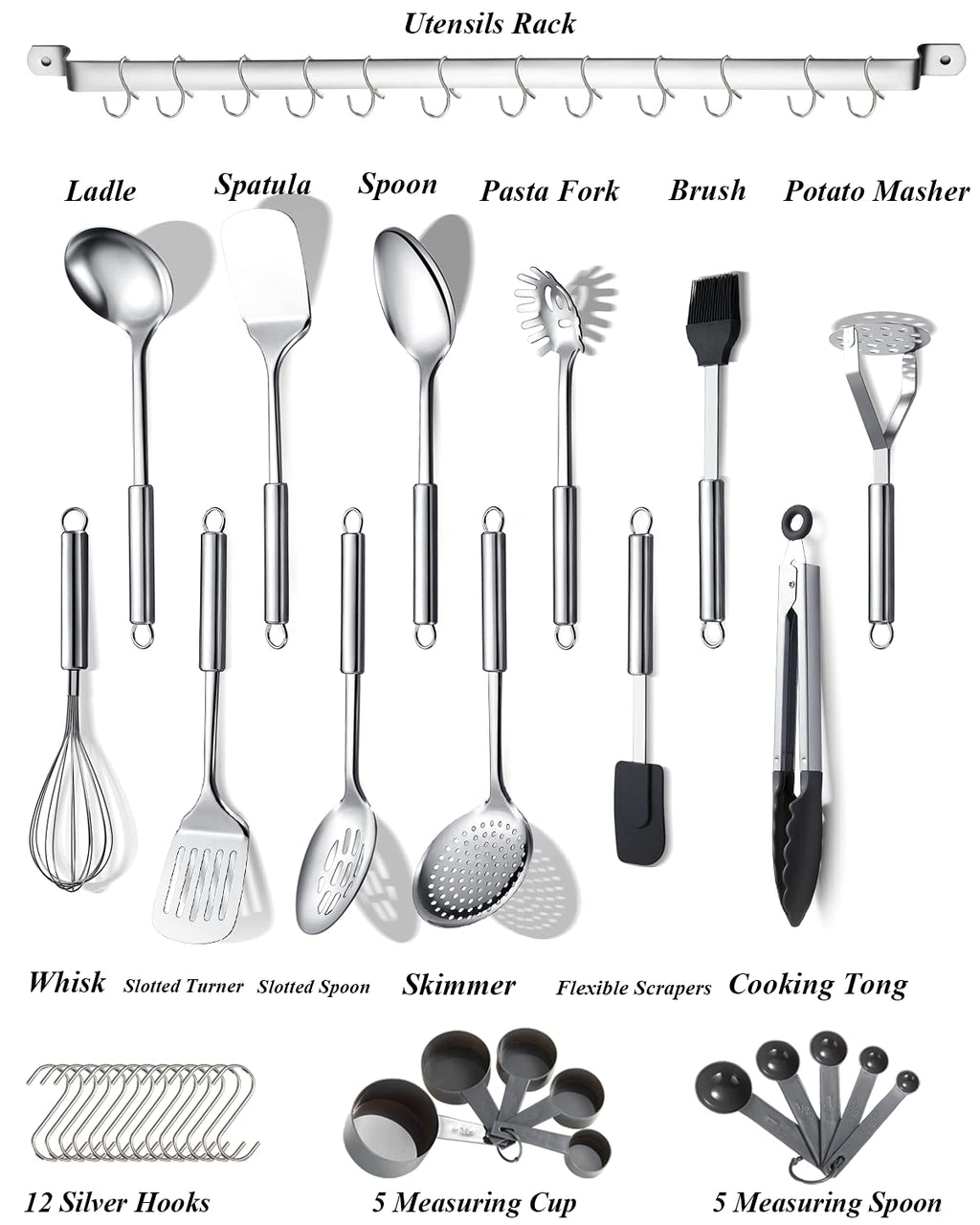 Berglander Kitchen Utensils Set 38 Pieces, Stainless Steel Cooking Utensils Set, Kitchen Gadgets Cookware, Kitchen Tool Set with Utensil Holder Rack and Hooks for Hanging Dishwasher Safe
