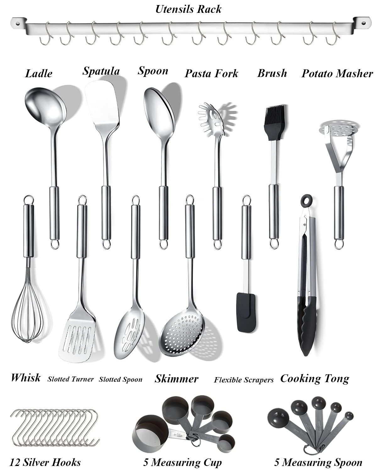 Berglander Kitchen Utensils Set 38 Pieces, Stainless Steel Cooking Utensils Set, Kitchen Gadgets Cookware, Kitchen Tool Set with Utensil Holder Rack and Hooks for Hanging Dishwasher Safe