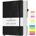 Lined Journal Notebook, Large A5 College Ruled Notebook, 314 Numbered Pages Work Notebook with Index Stickers, 100gsm Thick Paper, Hardcover Vegan Leather Journal for Women Men School Office, Black