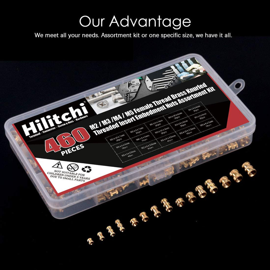 Hilitchi 460 Pcs M2 M3 M4 M5 Female Thread Brass Knurled Threaded Insert Embedment Nuts Assortment Kit, Embed Parts, Pressed Fit into Holes for 3D Prints and More Projects