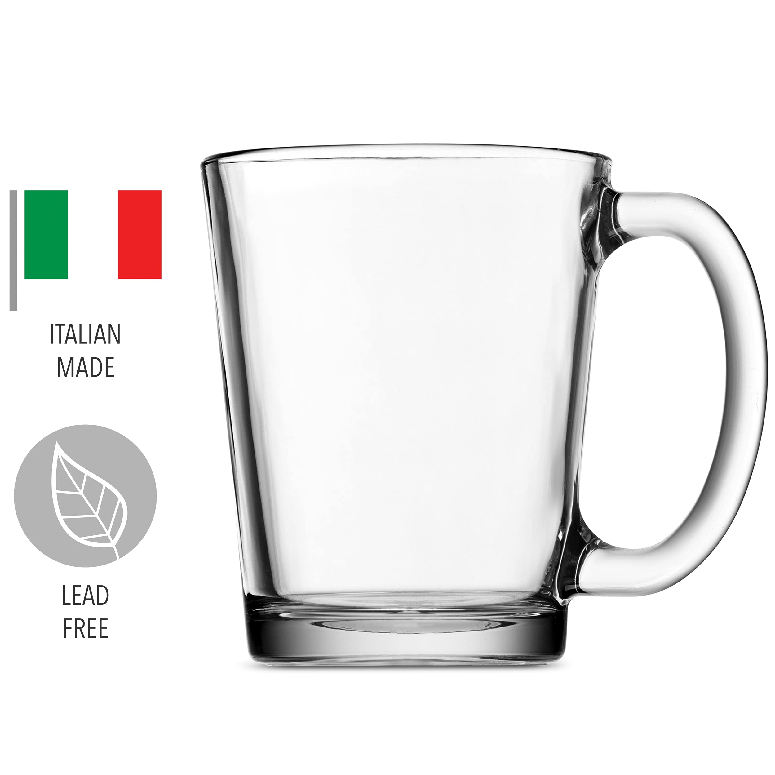 Godinger Coffee Mugs, Italian Made Glass Coffee Mug with Handle, Hot Beverage Tea Cups, Glass Cups, Drinking Glasses - 10oz., Set of 4