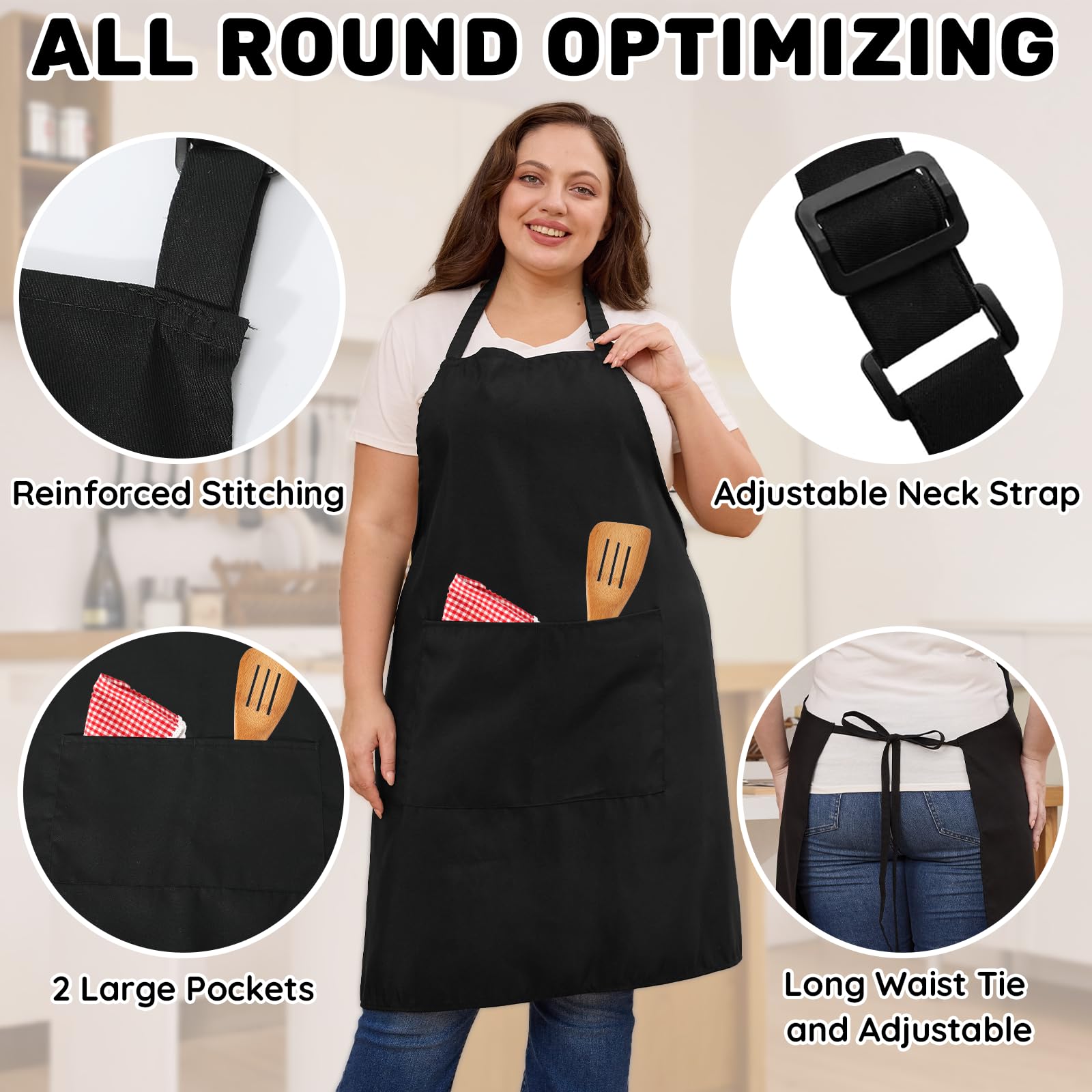 FunChaos 4 Pack Plus Size Chef Aprons, Large Kitchen Apron with 2 Pockets, Adjustable Waterproof Black Apron for Big Men and Women for Cooking, Baking, Cleaning, Gardening, BBQ