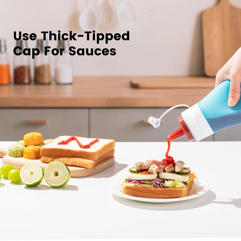 Mrsdry 16oz Condiment Squeeze Bottles for Sauce, BPA Free Leak Proof Squeeze Bottles, Squirt Reusable Silicone Oil Container Dispenser for Ketchup, BBQ, Sauce, Grilling, Salad Dressing (Blue, 16oz)