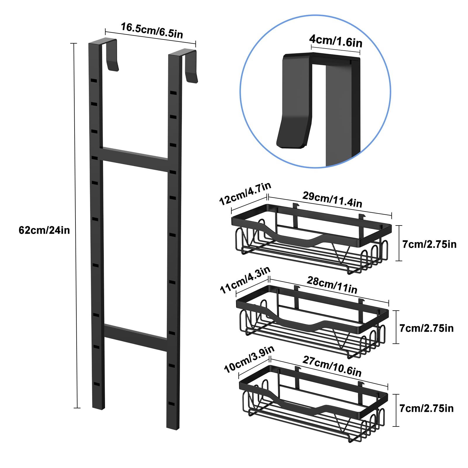 LOOBOV Shower Caddy Hanging, Over Glass Door Shower Shelf, 3-Tier Bathroom Organizer/Rack No Drilling (Black)