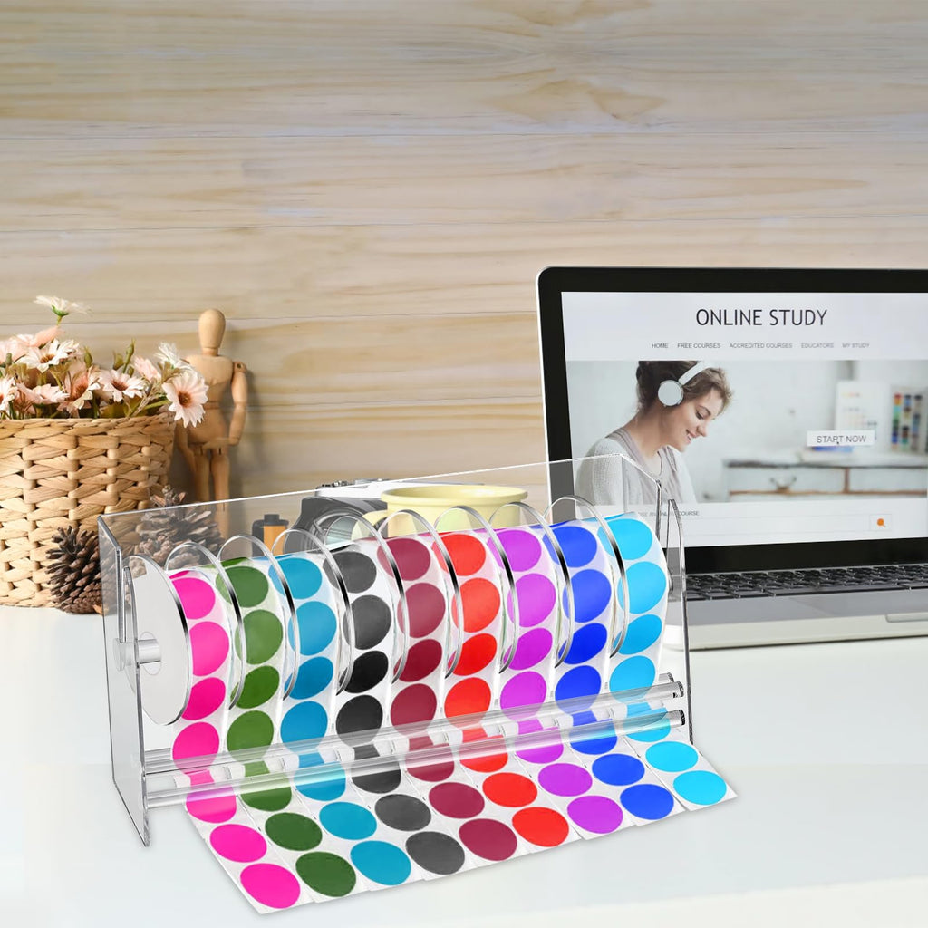 Lawei Adjustable Label Dispenser, 9 Disks Acrylic Sticker Dispenser Sticker Roll Holder, Clear Label Sticker Holder Organizer, Sticker Stand Label Holders for Office Home Desktop