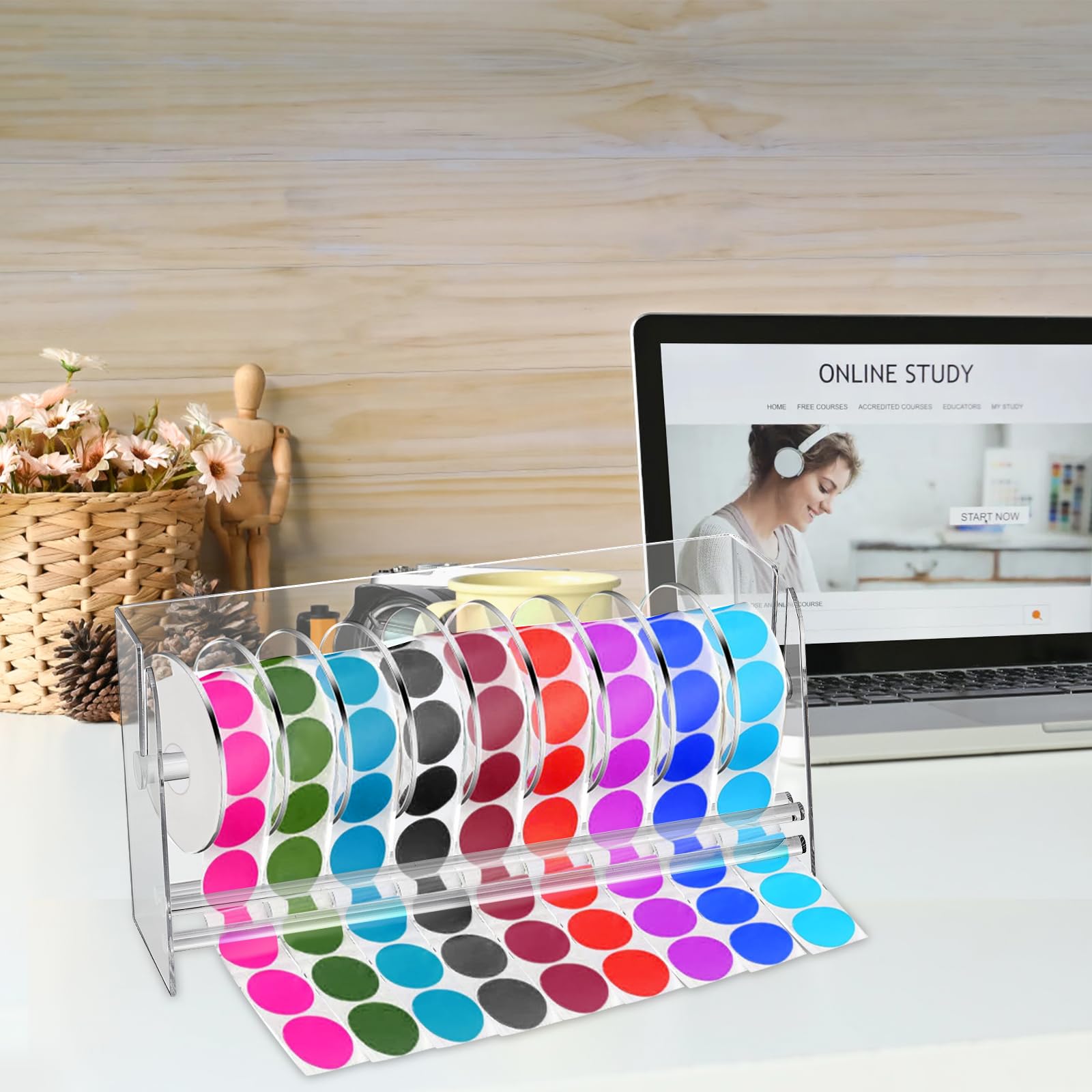 Lawei Adjustable Label Dispenser, 9 Disks Acrylic Sticker Dispenser Sticker Roll Holder, Clear Label Sticker Holder Organizer, Sticker Stand Label Holders for Office Home Desktop