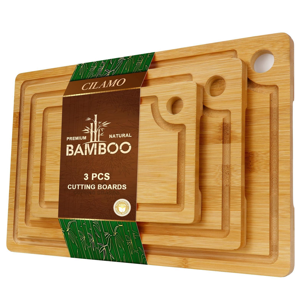 Bamboo Cutting Board [Set of 3], Wooden Cutting Boards for Kitchen, Wood Cutting Boards with Deep Juice Groove & Side Handles,Charcuterie Board for Meat, Ideal for Meal Prep and Chopping