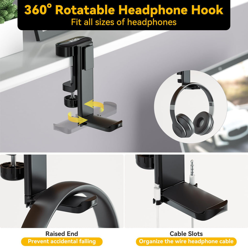 KDD 4 in 1 Desk Organizer - Under Desk Headphone Hook with 2 Wire Holes - Rotating Headphone Hanger and Detachable Storage for Cup, Phone and Pen(Black)