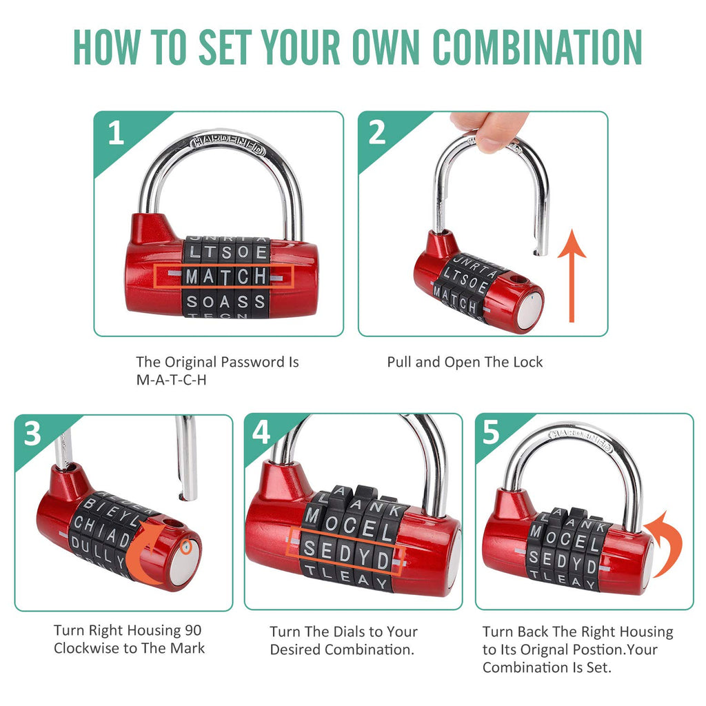 Gym Locker Lock, 5 Letter Combination Lock Password Sturdy Security Padlock (Red)