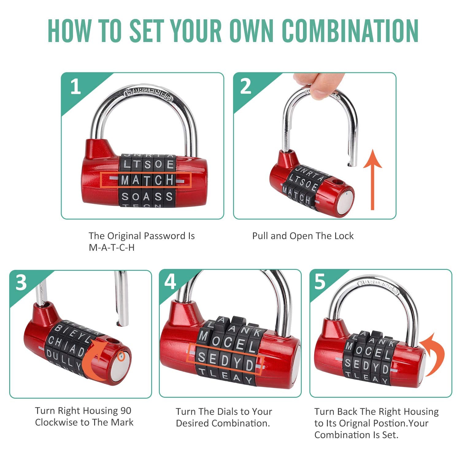 Gym Locker Lock, 5 Letter Combination Lock Password Sturdy Security Padlock (Red)