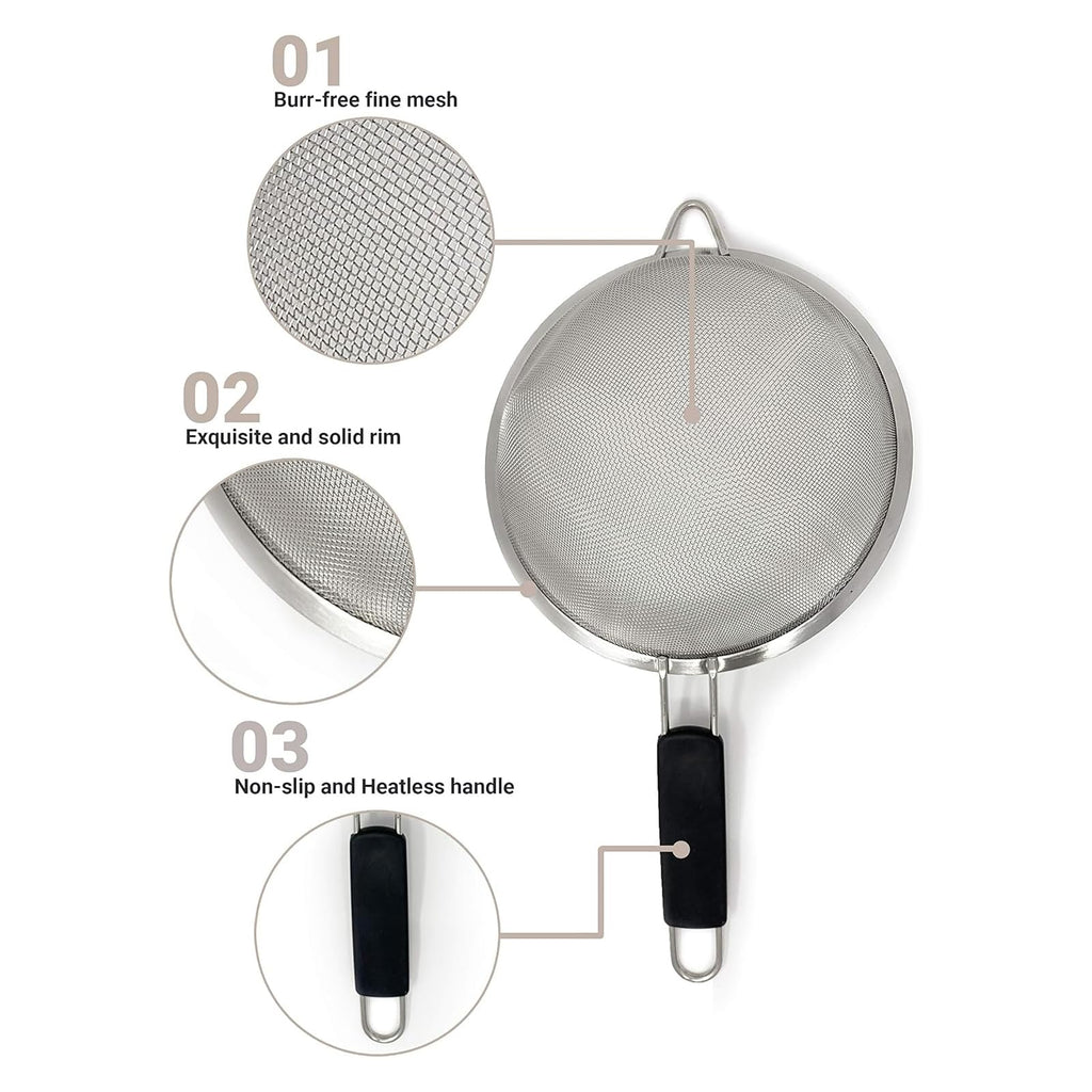 VICSDEP Fine Mesh Strainer Set of 4,Stainless Steel 8, 12, 16,20cm Strainers Wire Sieve Sifter with Insulated Handle Strainers for Kitchen Gadgets Tools
