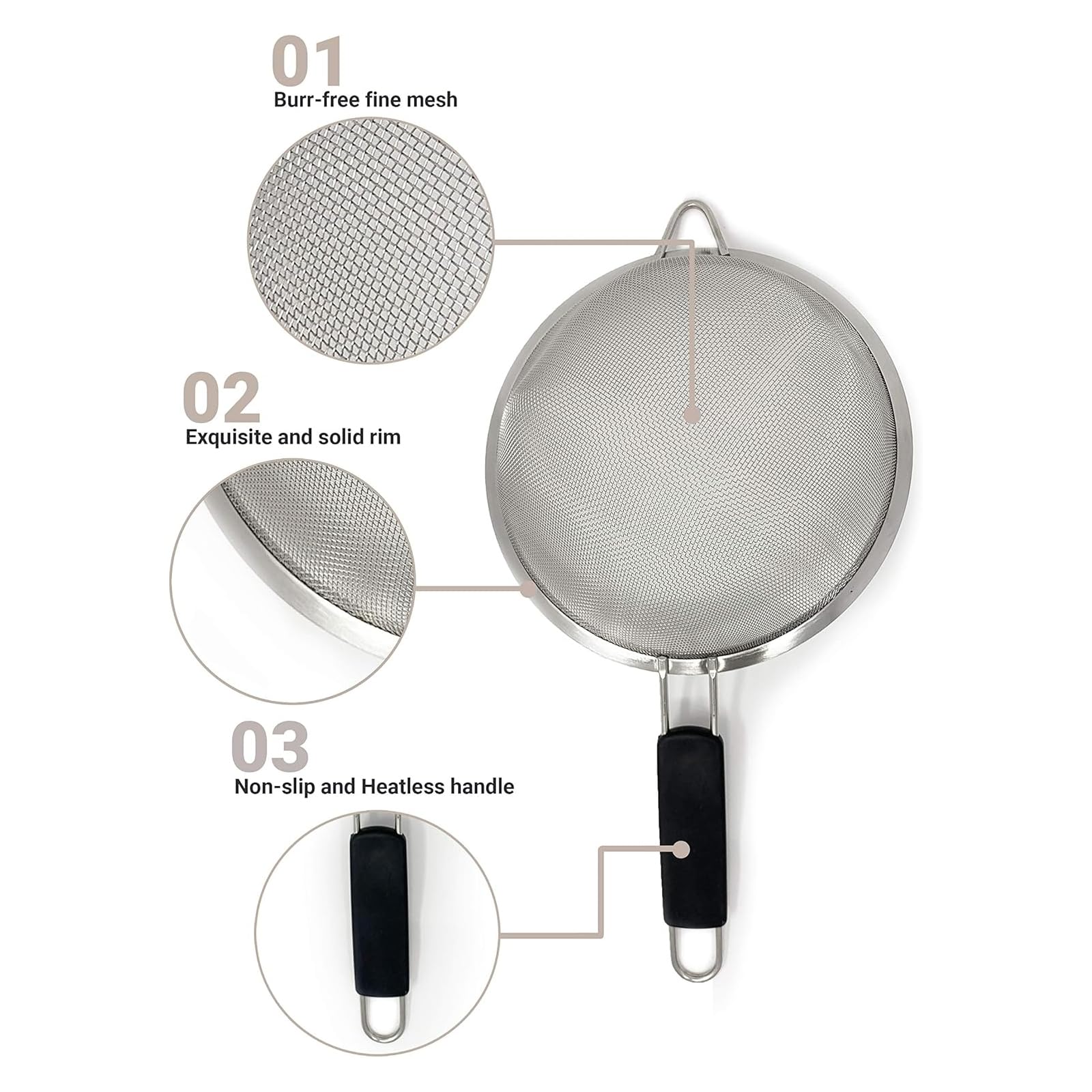 VICSDEP Fine Mesh Strainer Set of 4,Stainless Steel 8, 12, 16,20cm Strainers Wire Sieve Sifter with Insulated Handle Strainers for Kitchen Gadgets Tools