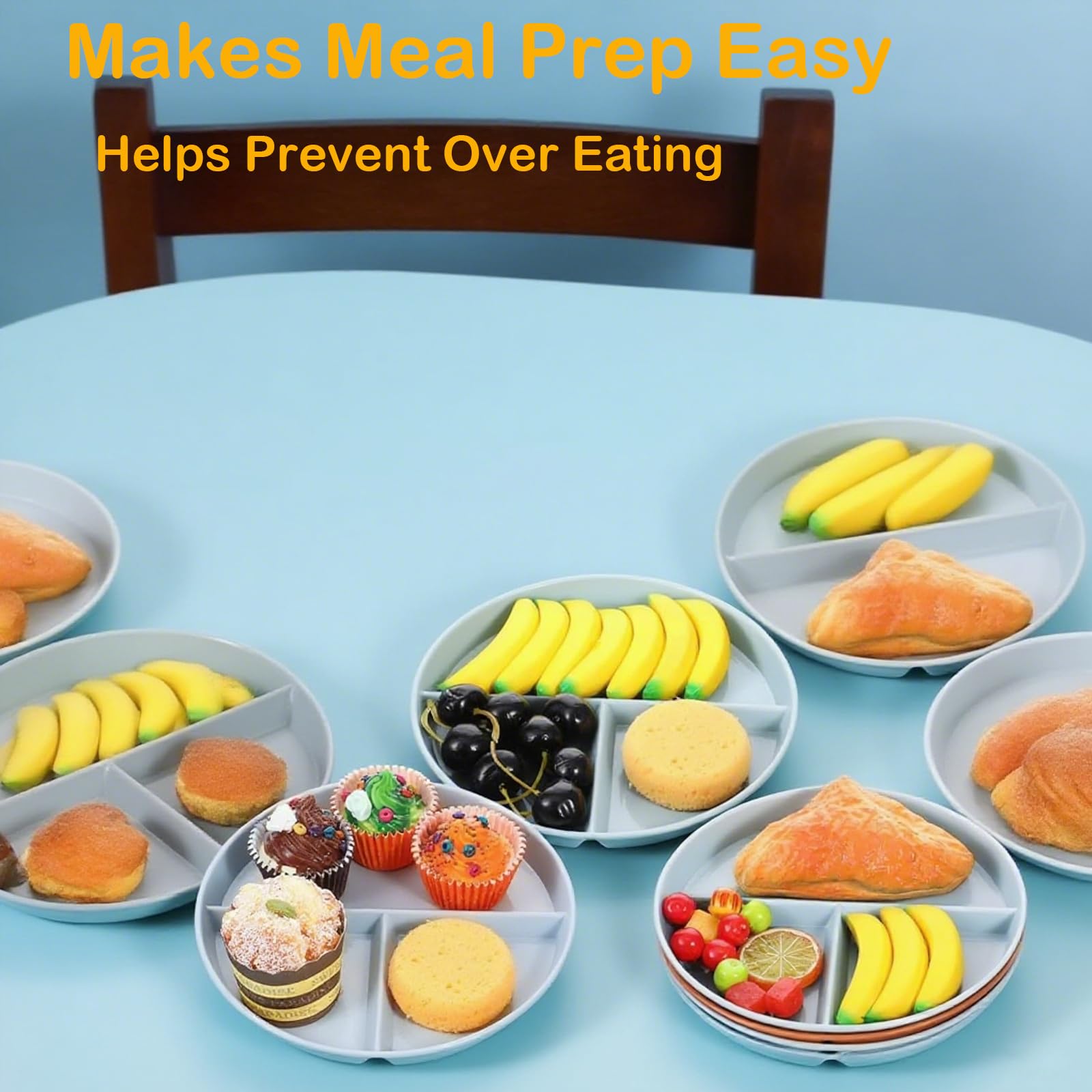 8 Pack Divided Plates 9 Inch Unbreakable Portion Control Plate Sectioned with Dividers, Plastic Food Separator Dinner Plates with 8 Spoons Lightweight Compartment Reusable Microwave Safe