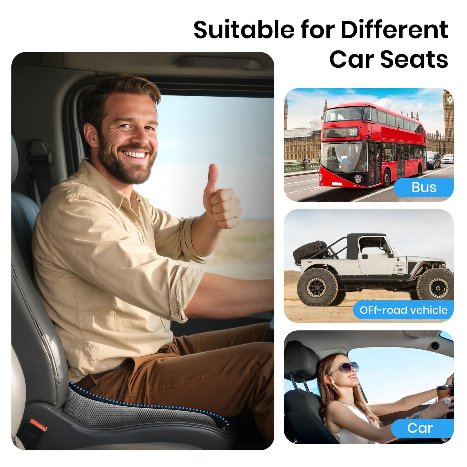 Benazcap Car Seat Cushion - Memory Foam Car Seat Pad - Sciatica & Lower Back Pain Relief - Car Seat Cushions for Driving - Road Trip Essentials for Drivers