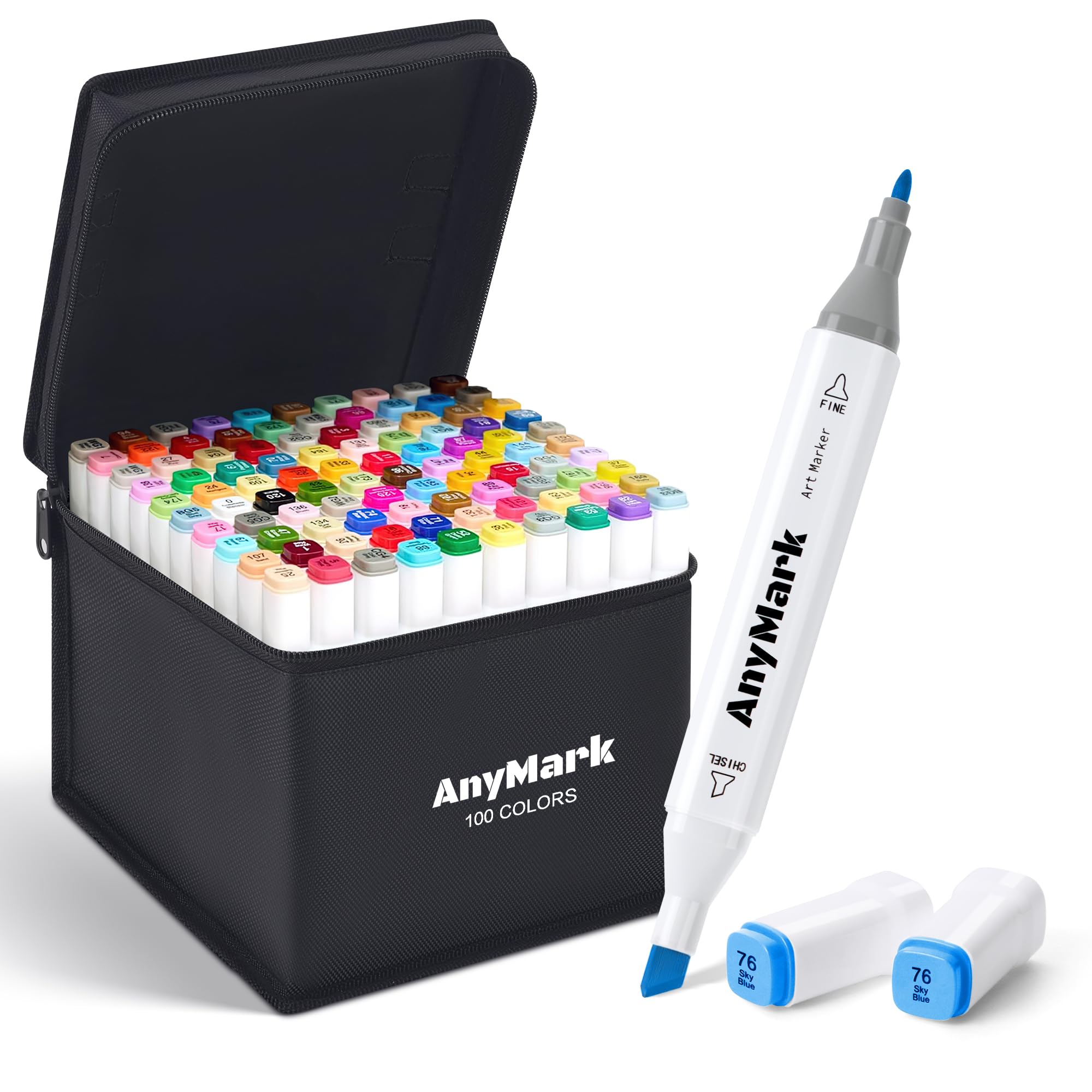 AnyMark Alcohol Markers, 100 Colors Set, Dual Tip Alcohol-Based Art Markers for Adults, Artists, Chisel & Fine Tips for Drawing, Sketching, and Coloring