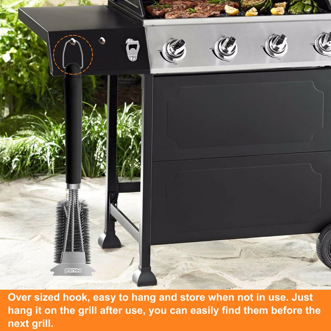 POLIGO Grill Brush and Scraper with Deluxe Handle - Safe Wire Stainless Steel BBQ Brush for Gas Infrared Charcoal Porcelain Grills - Ideal Gift BBQ Cleaning Brush for Grill Wizard Grate Cleaner