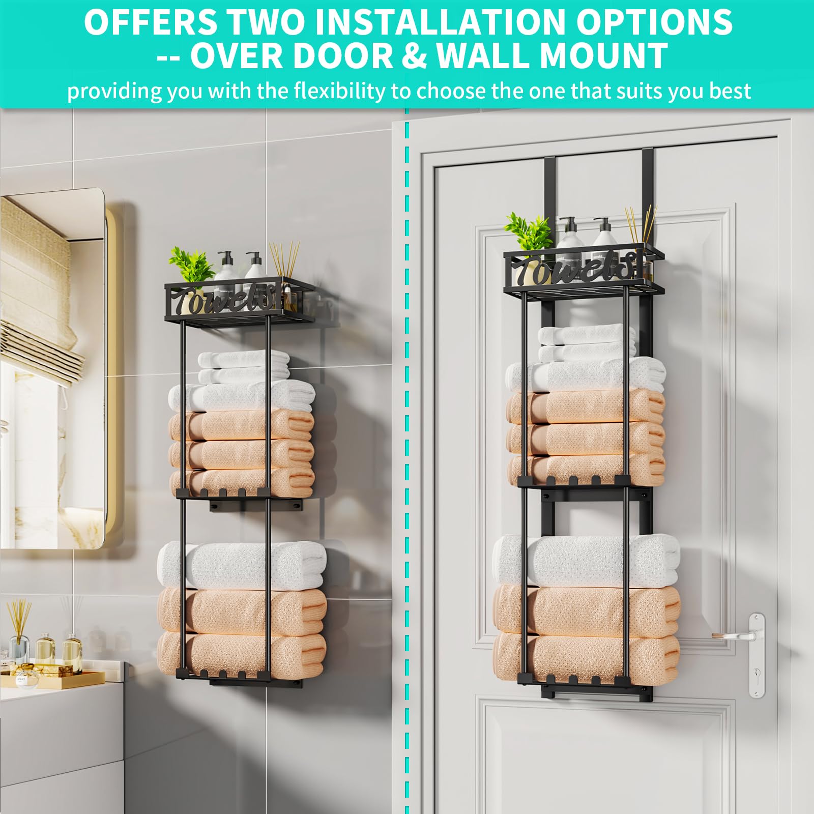HapiRm Towel Rack Bathroom Storage - 3 Tier Over The Door & Wall Mounted Rolled Towel Rack Holder Organizer with Metal Shelf and 6 Hooks for Small Bathroom, Camper, Rv - Black