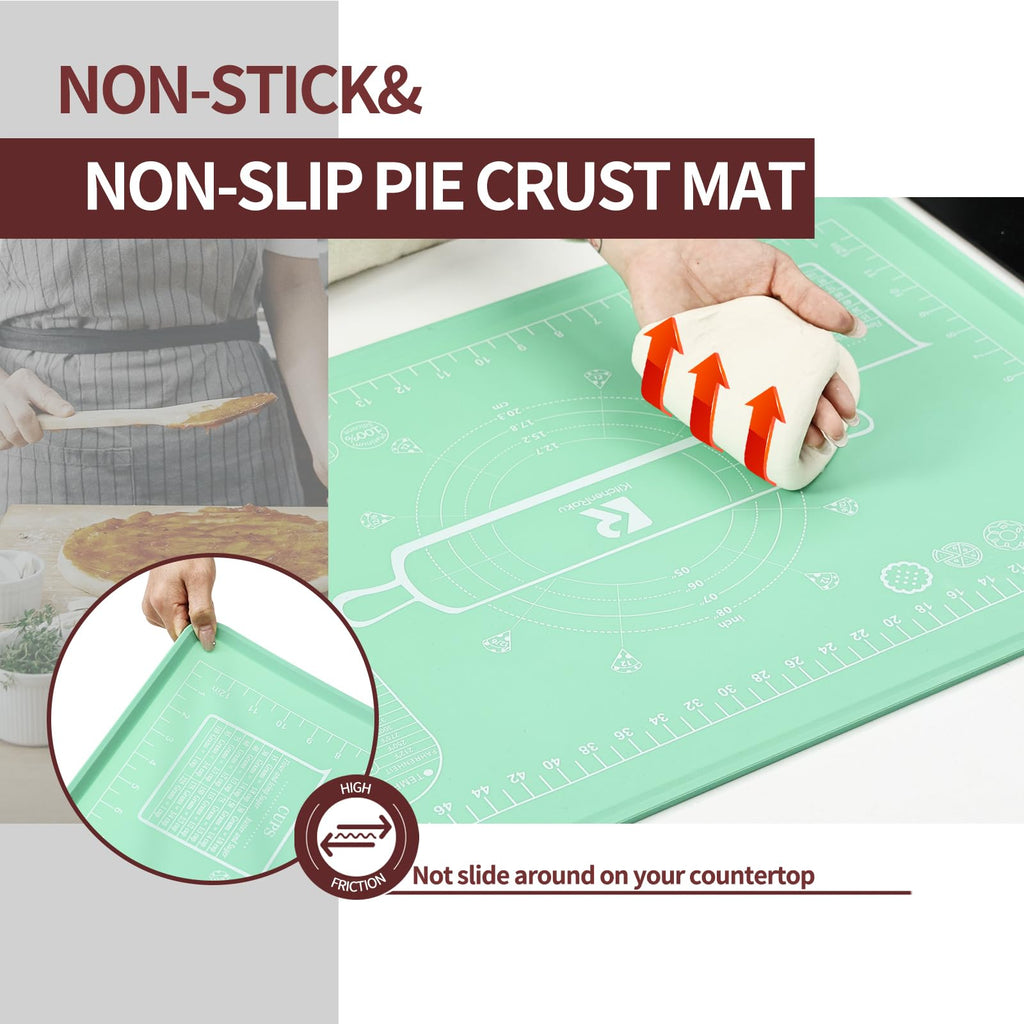 Silicone Baking Mat, Extra Thick Dough Rolling Pad with Measurements and Edge Heightening, Non-Stick Food Grade Silicone Pastry Mat for for Pastry, Bread, Cookies (Matcha Green Edge Up, 20x28 Inch)